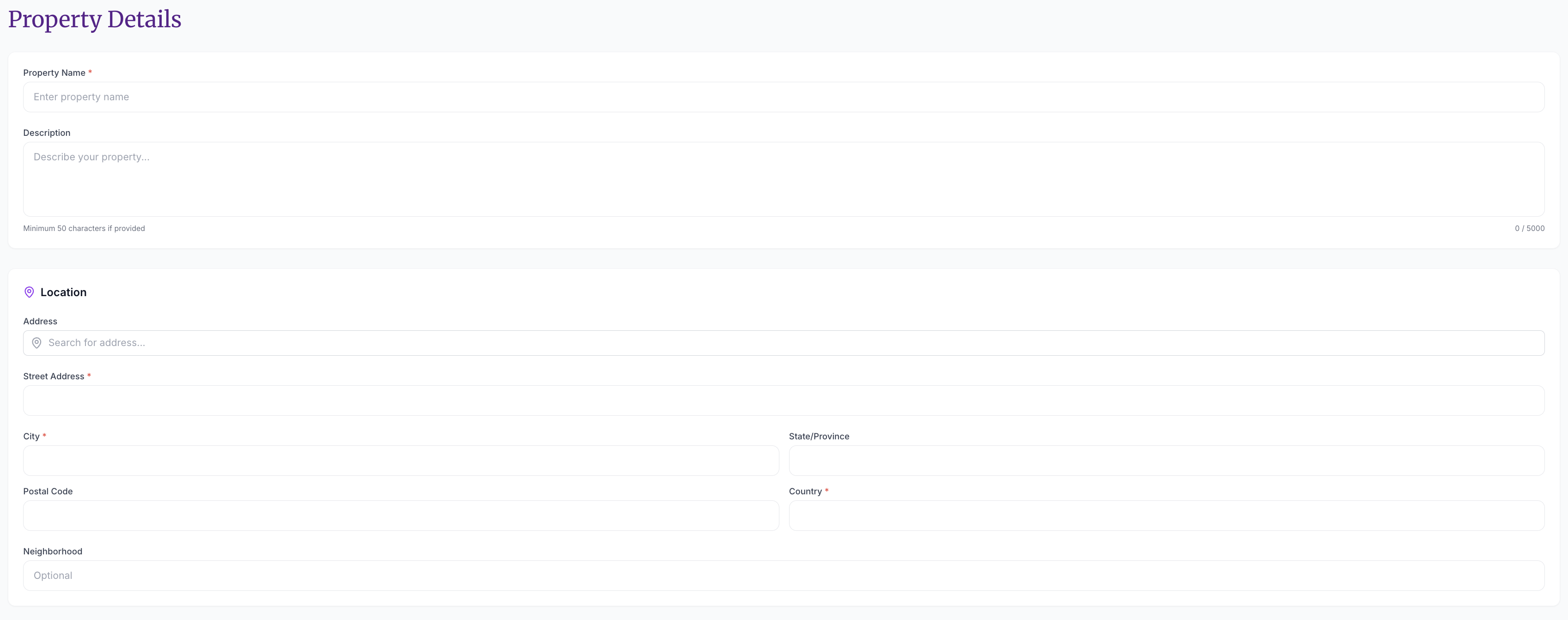 The Property Details and Location section — Property Name, Description, Address autocomplete, and auto-populated location fields