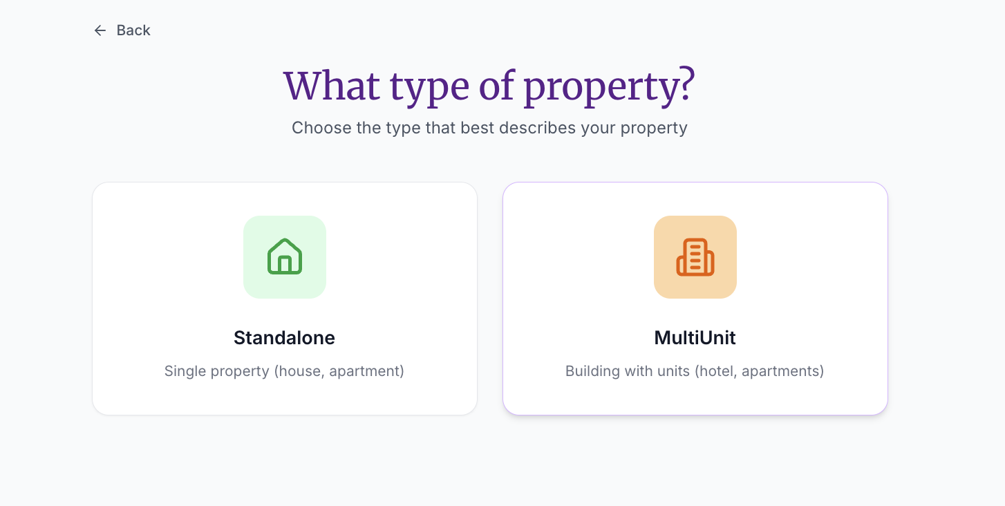 The property type selection screen showing Standalone and MultiUnit cards