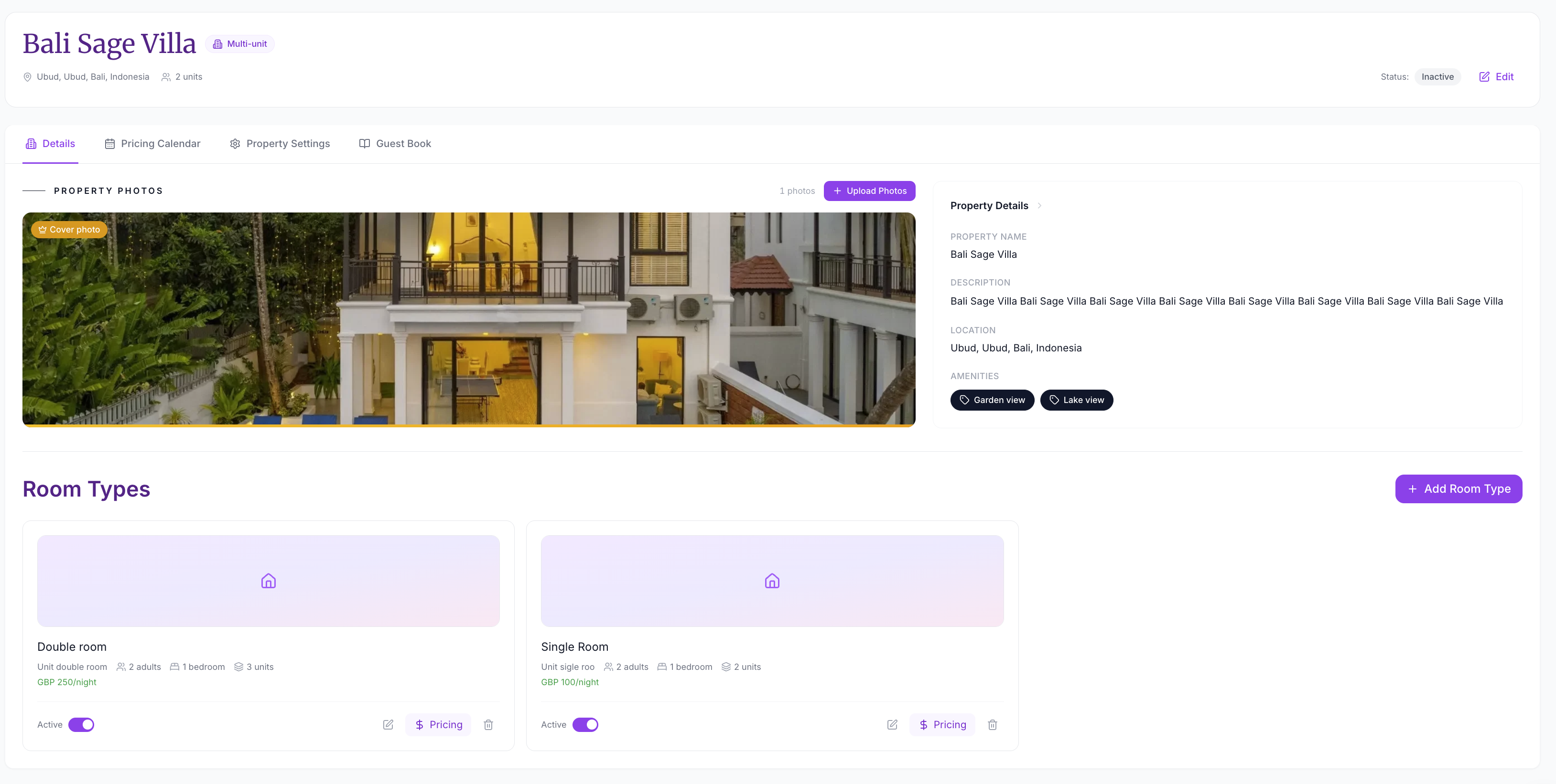 The property page (Bali Sage Villa) showing the Room Types section with individual unit cards, each with its own capacity, Active toggle, and Pricing button