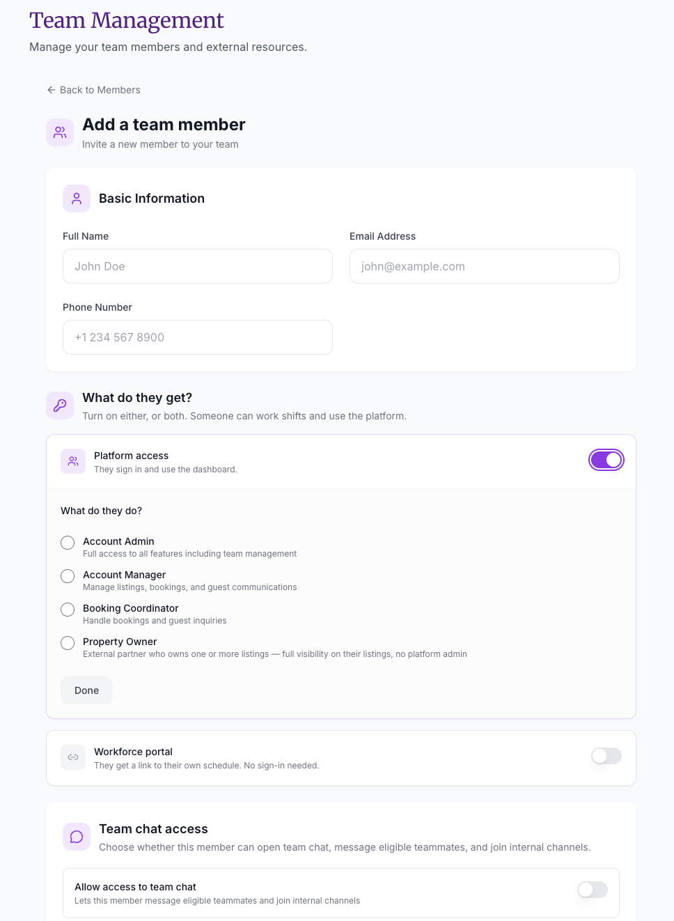 Add a team member page with Platform access turned on, showing the four roles