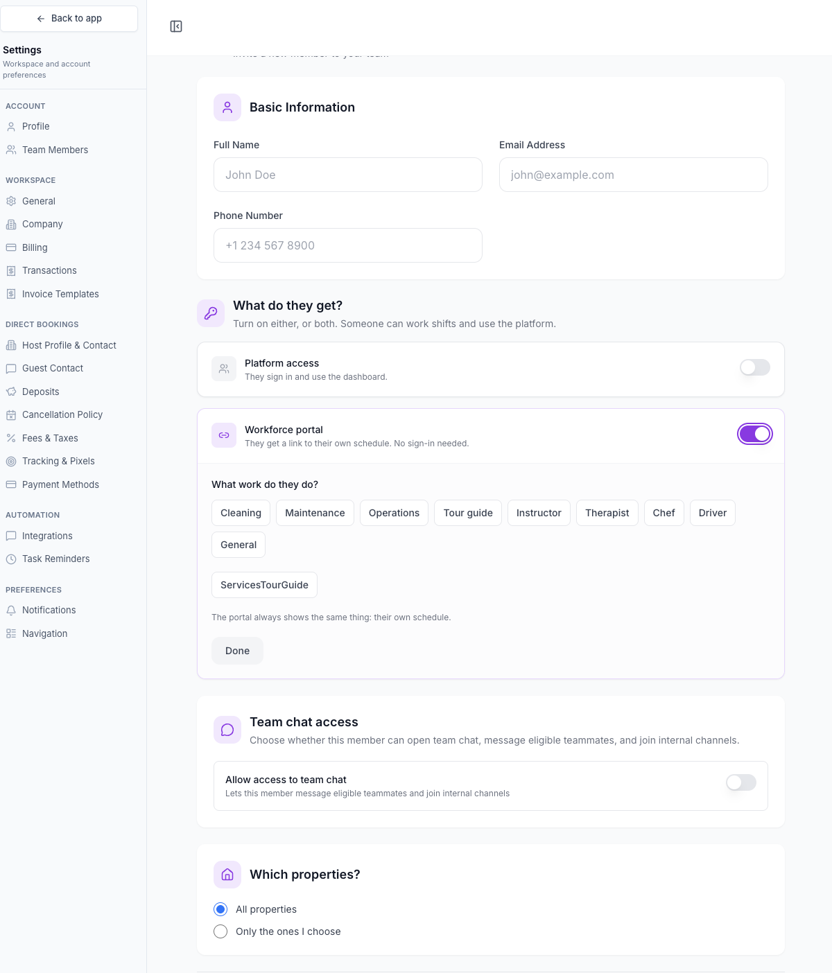 Add a team member page with Workforce portal turned on, showing work types