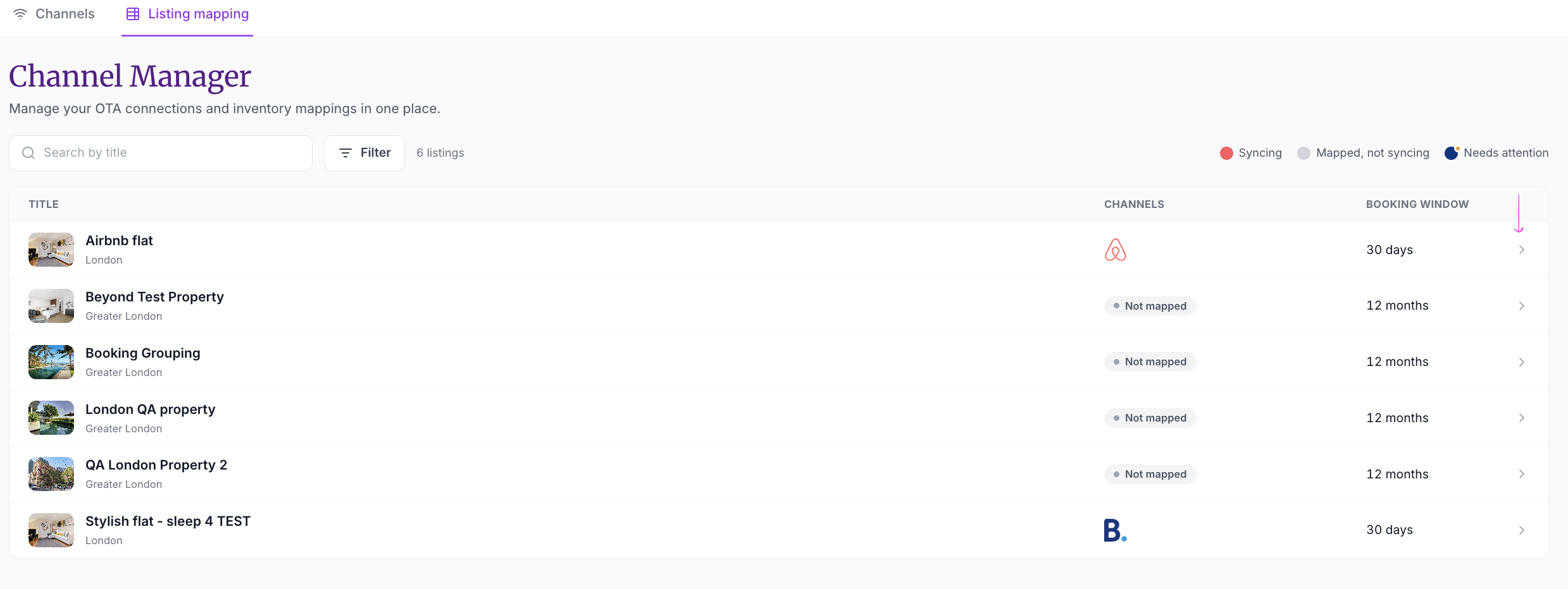 Channel Manager Listing mapping tab with columns Title, Channels, and Booking window, and an arrow pointing to the chevron at the end of the Airbnb flat row