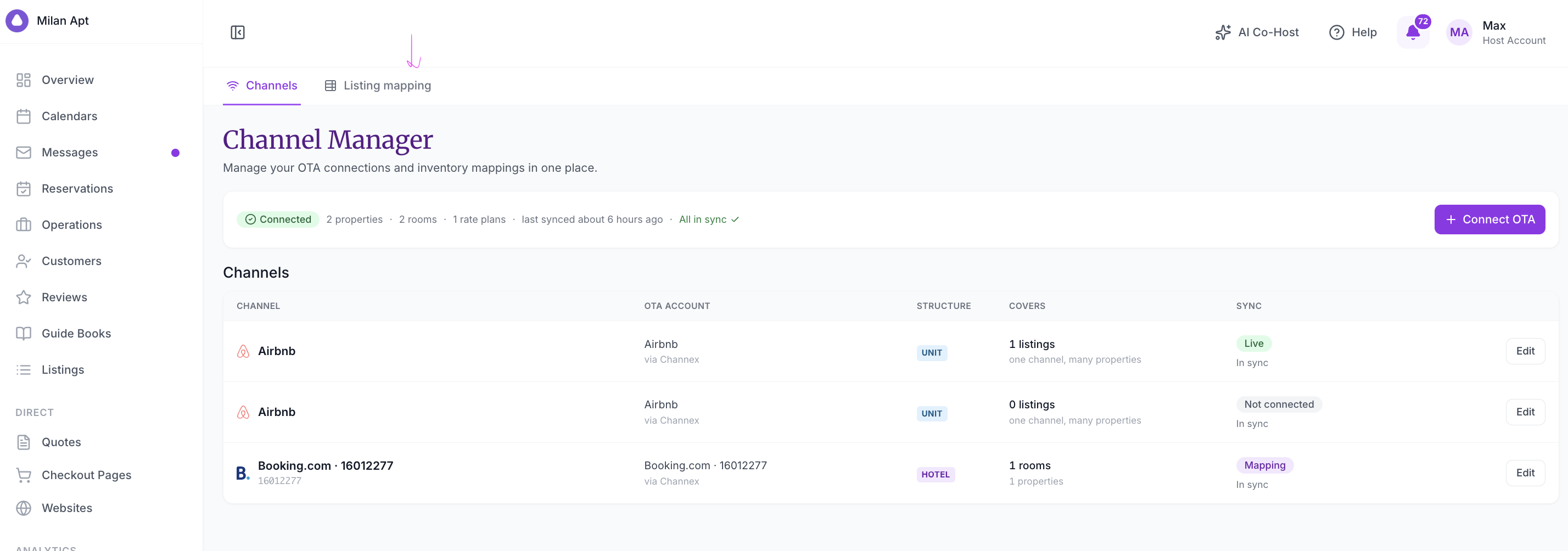 Channel Manager Channels tab with the summary bar, Connect OTA button, and the Channels table listing two Airbnb connections and a Booking.com connection with their Structure, Covers, and Sync status, and an arrow pointing to the Listing mapping tab