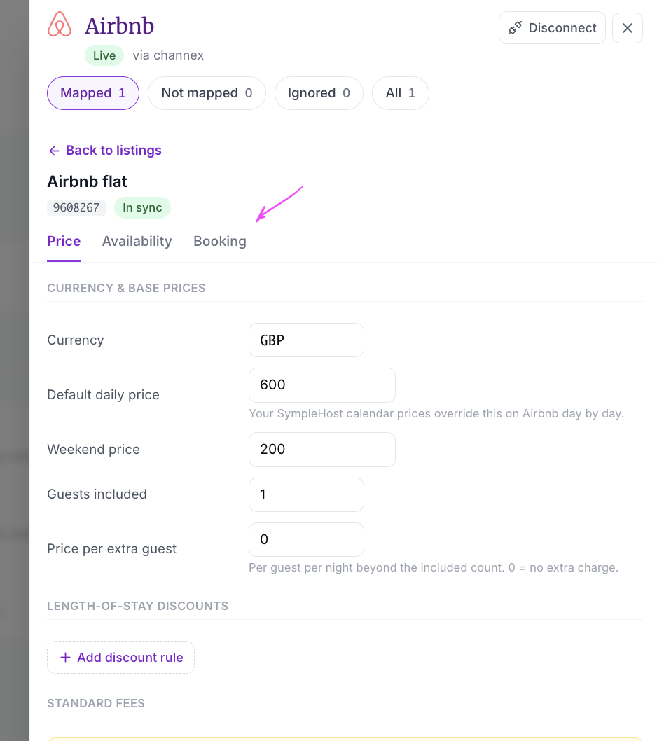 Airbnb listing Settings view showing Back to listings, the Price, Availability, and Booking tabs with an arrow pointing to them, the CURRENCY & BASE PRICES fields, and the LENGTH-OF-STAY DISCOUNTS section with Add discount rule