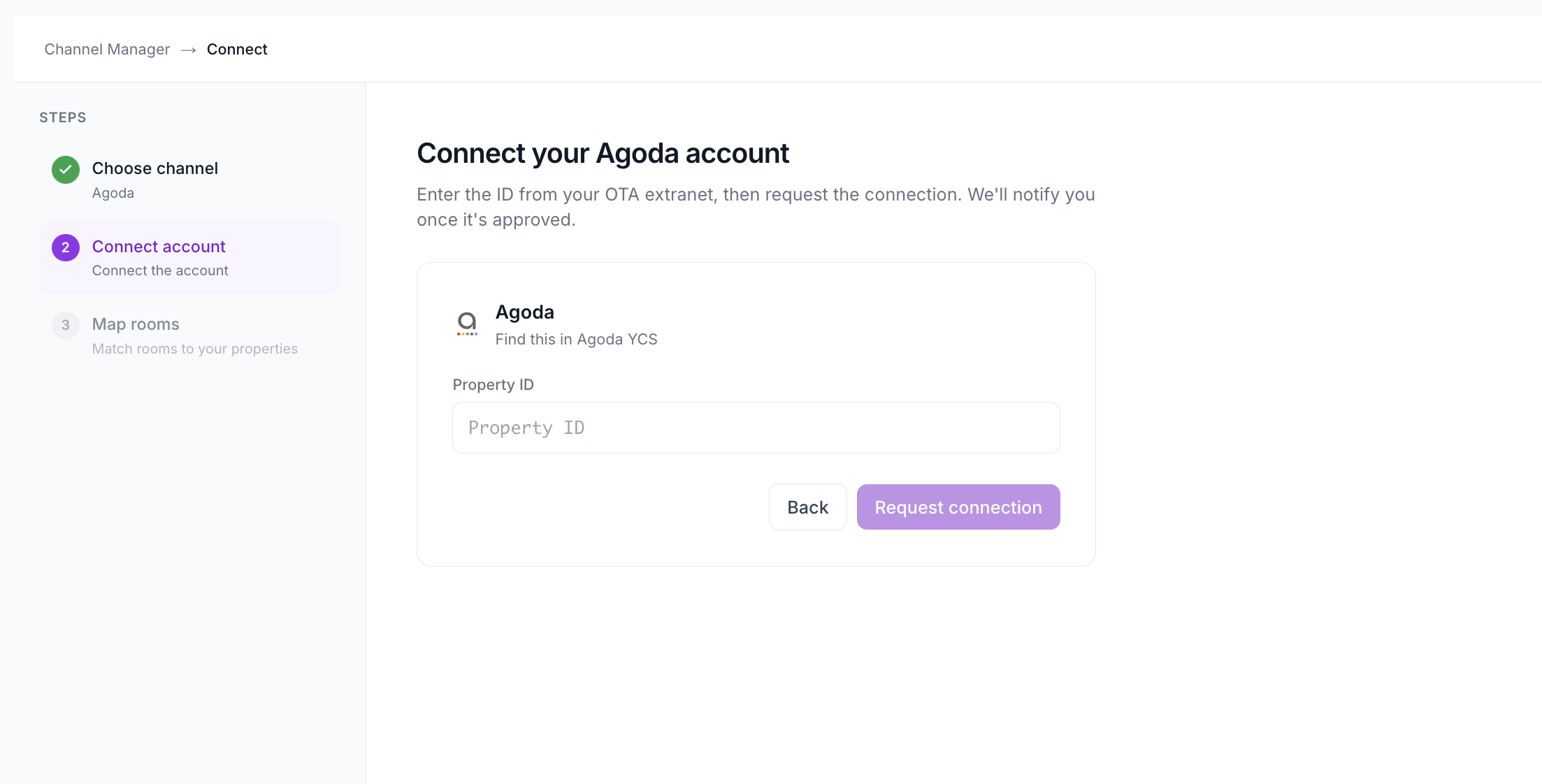 SympleHost Agoda Connect account screen showing the Property ID field and Request connection button