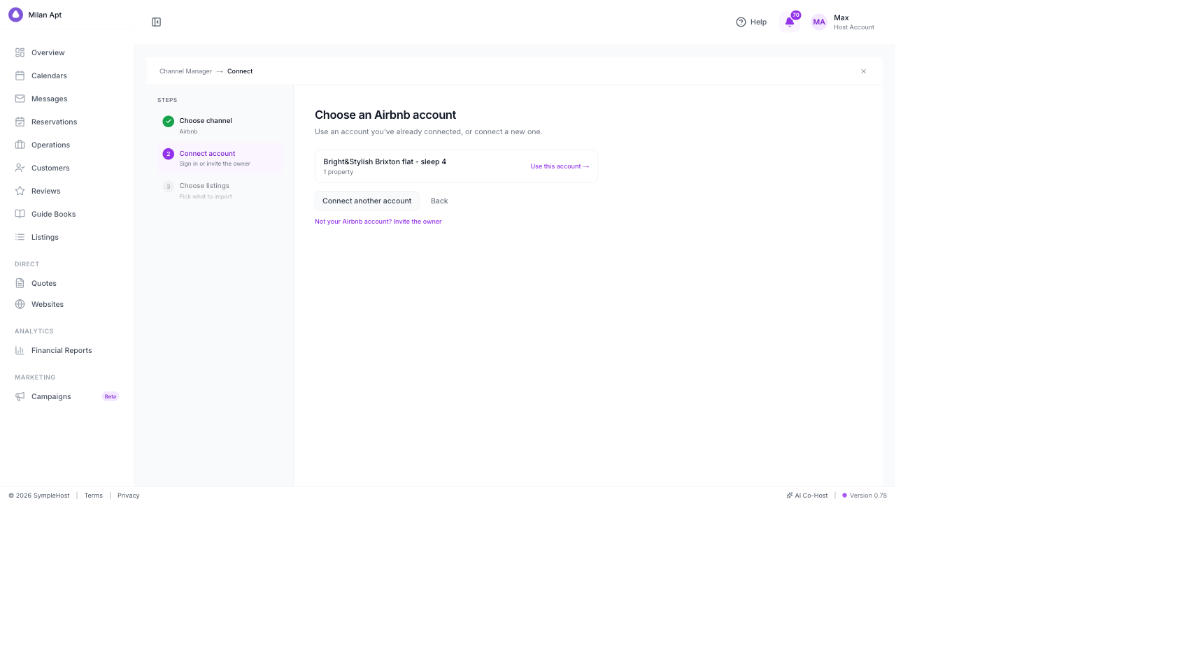 Airbnb connection step showing an existing account, Connect another account, and Invite the owner