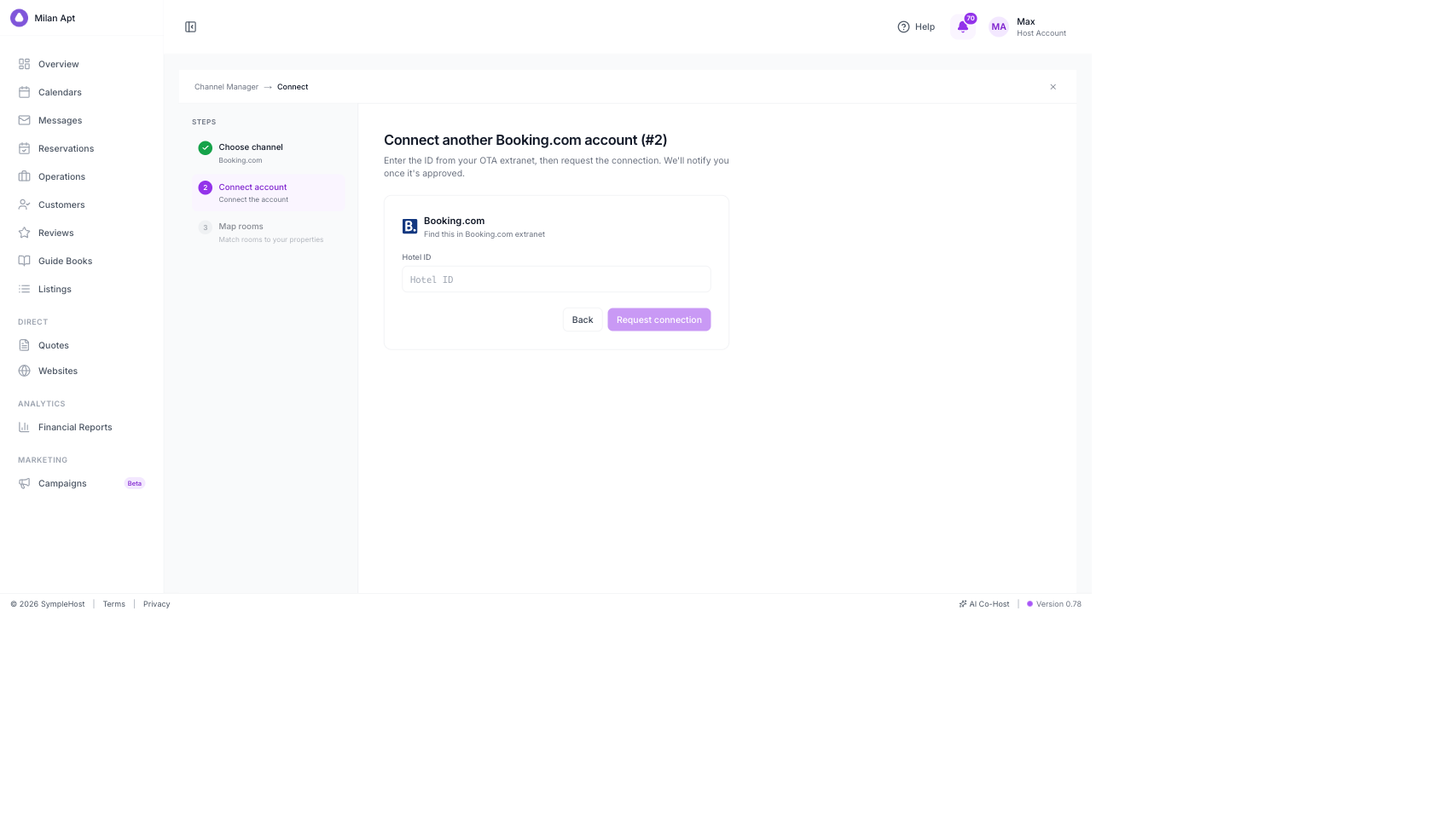 Booking.com connection screen in SympleHost requesting the Hotel ID from the Extranet