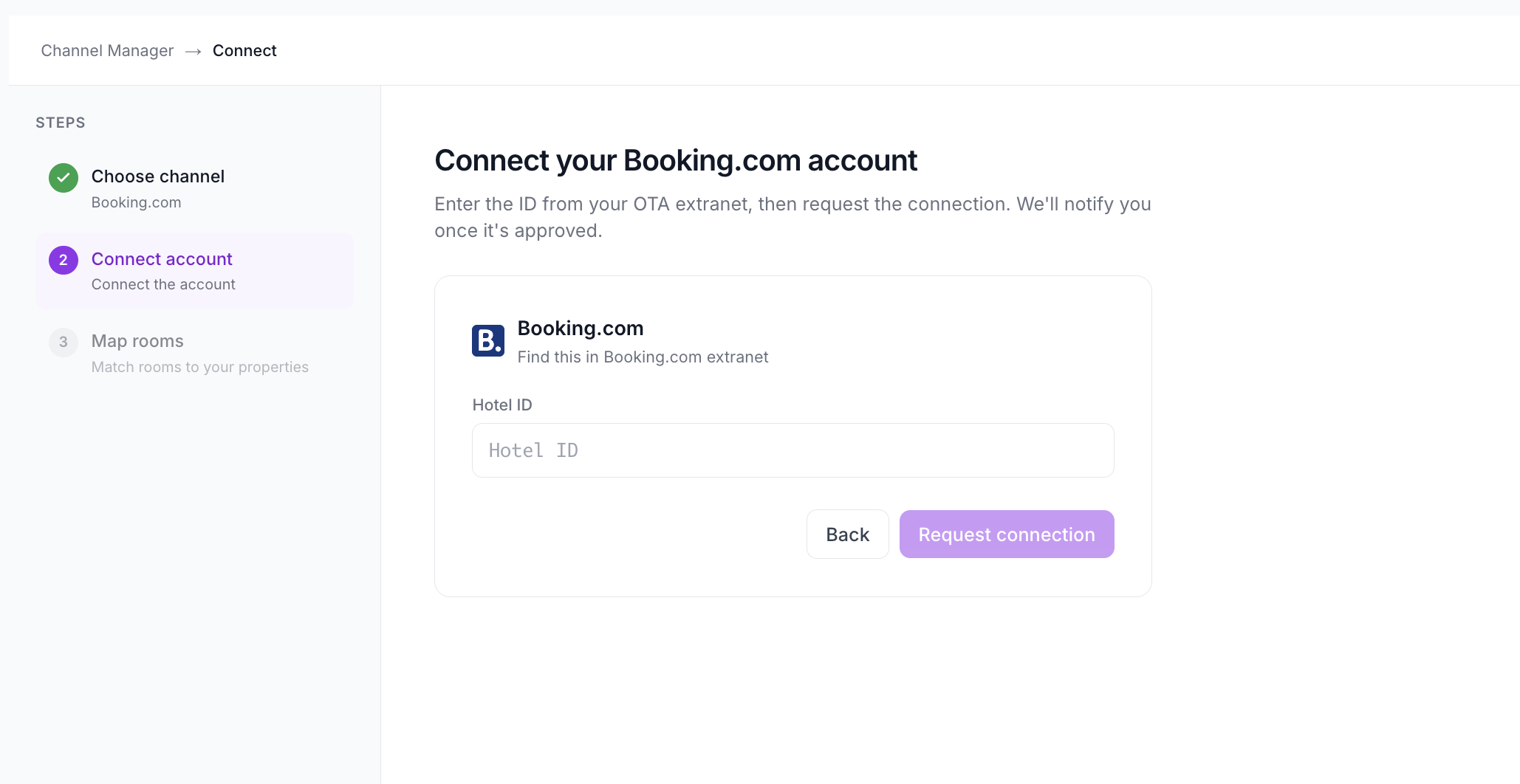 SympleHost Booking.com Connect account screen showing the Hotel ID field and Request connection button