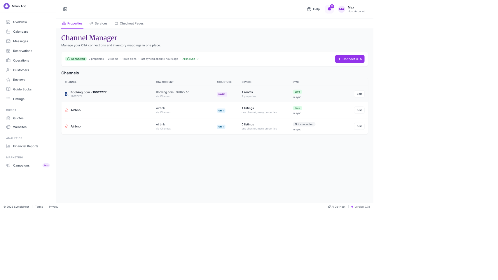 Channel Manager showing connected OTA accounts, covered properties and rooms, and sync status