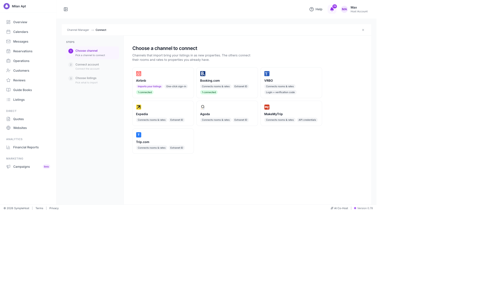 Connect OTA screen showing Airbnb, Booking.com, VRBO, Expedia, Agoda, MakeMyTrip, and Trip.com