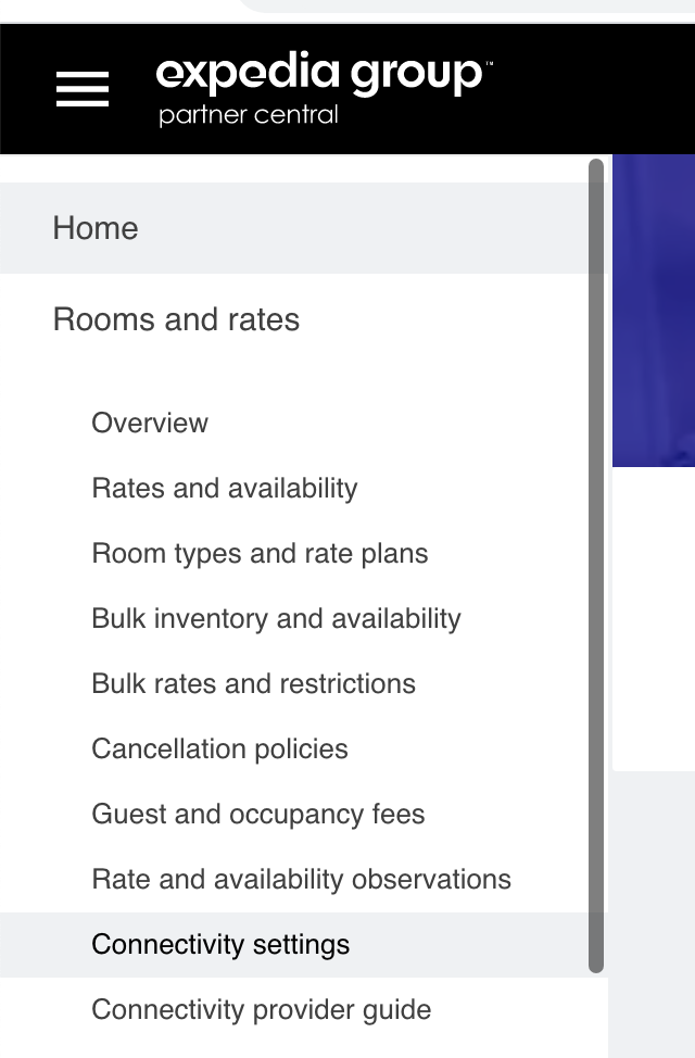 Expedia Partner Central menu showing Connectivity settings under Rooms and rates