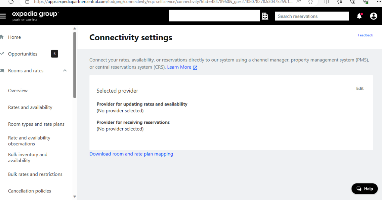 Expedia Connectivity settings showing separate providers for rates and availability and for reservations, with an Edit control
