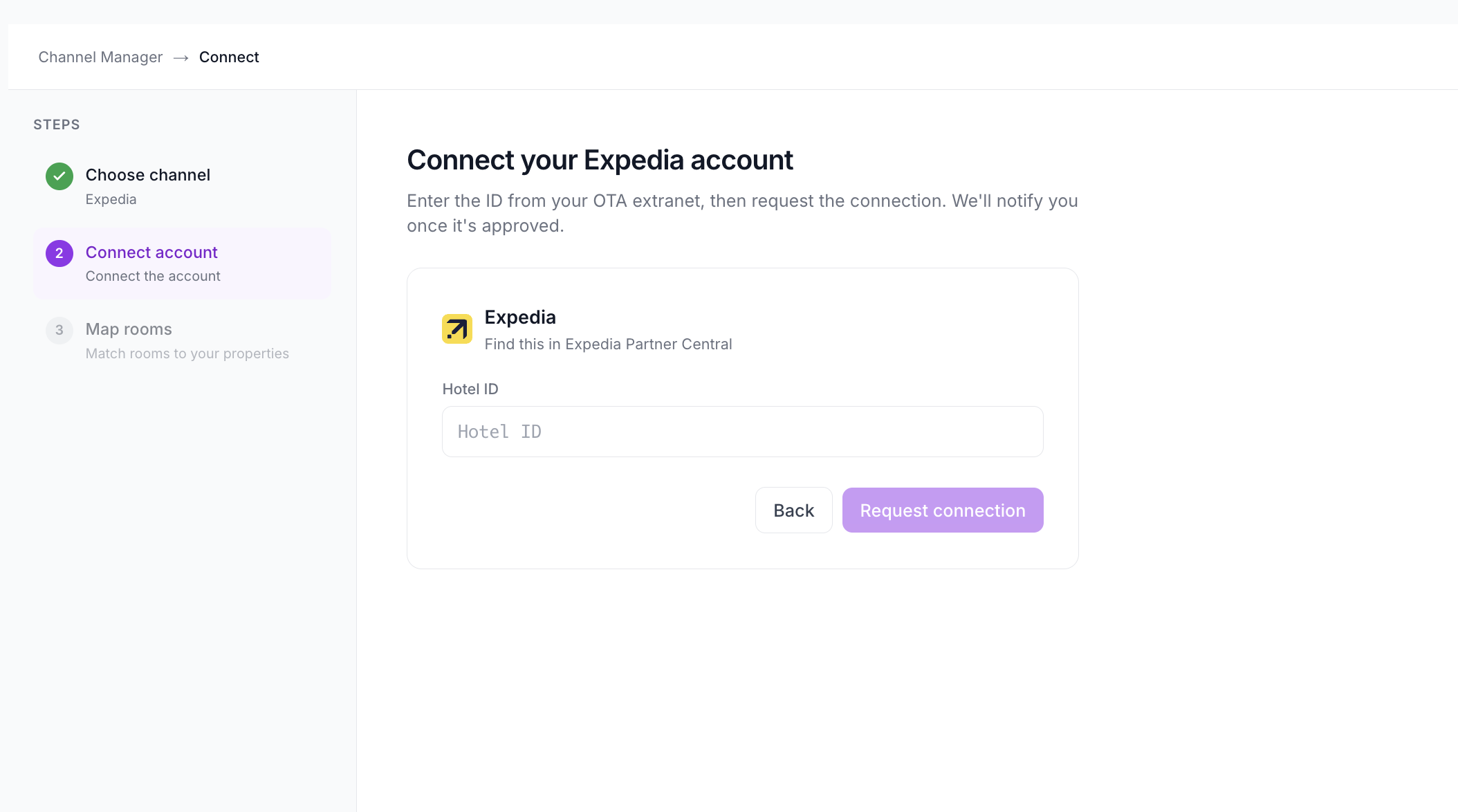 SympleHost Expedia Connect account screen showing the Hotel ID field and Request connection button