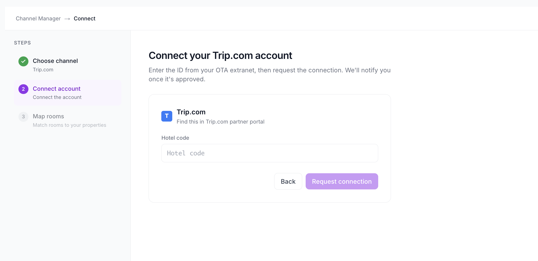 SympleHost Trip.com Connect account screen showing the Hotel code field and Request connection button