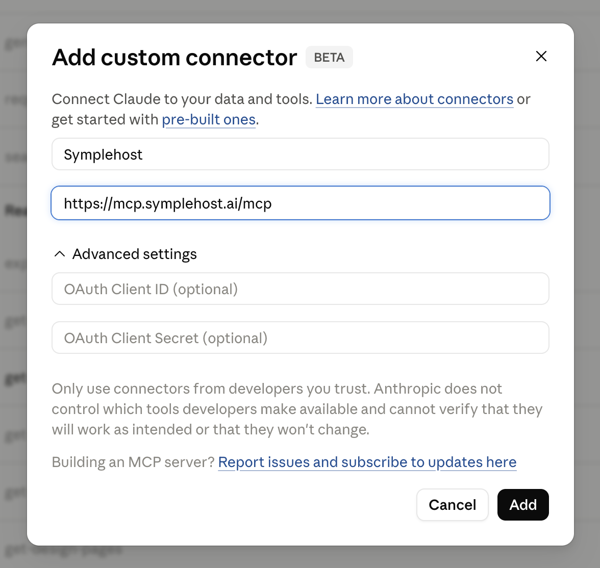 Claude's Settings → Connectors screen with the "Add custom connector" dialog open and the SympleHost MCP URL pasted into the URL field