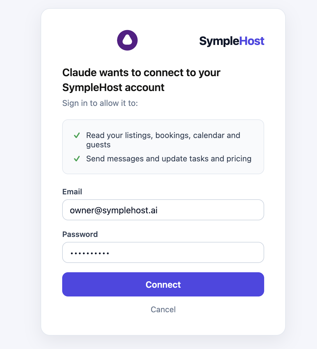 The SympleHost-hosted sign-in page that opens during the connect flow, asking for email and password