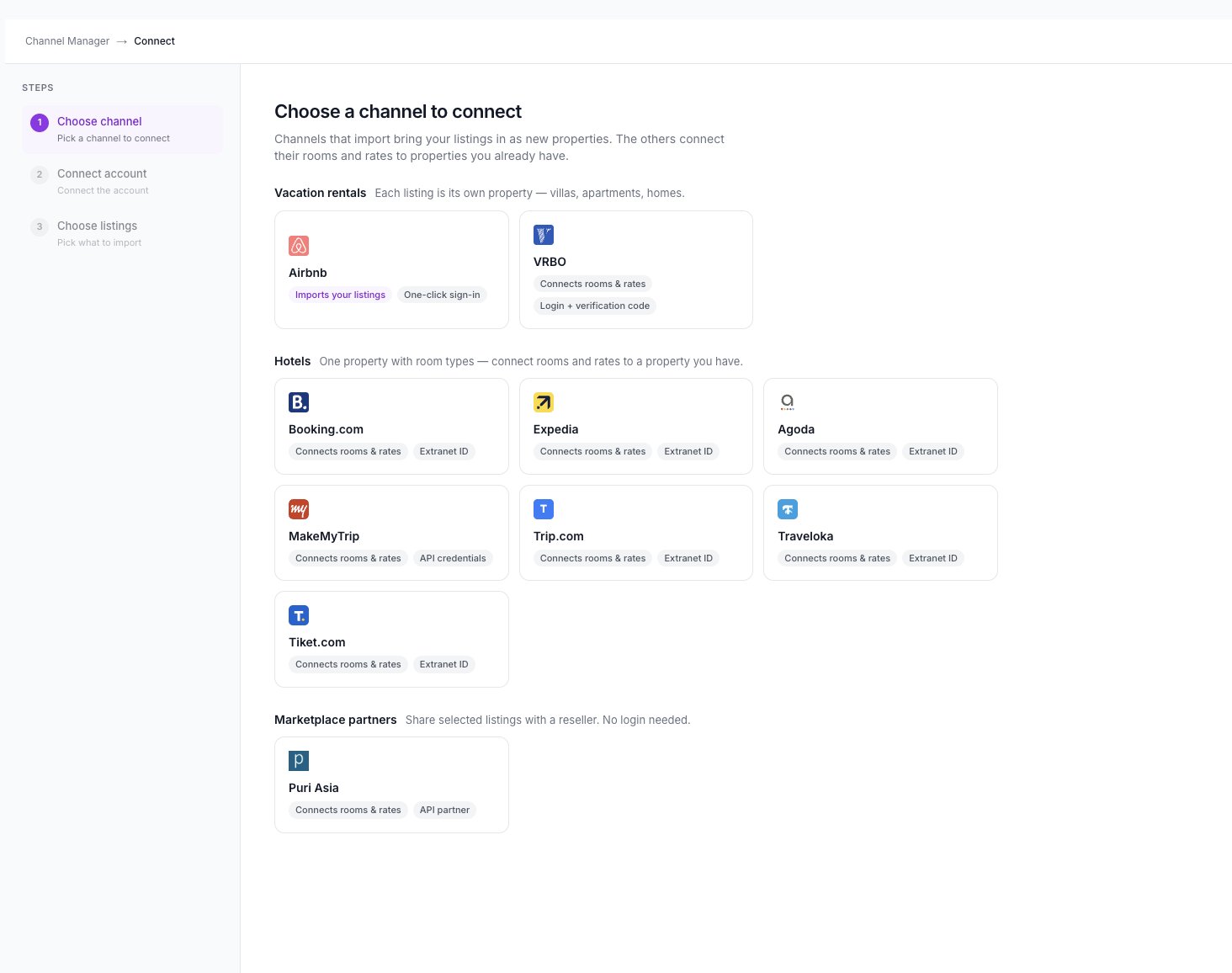 Choose a channel to connect screen with VRBO under Vacation rentals, tagged Connects rooms & rates and Login + verification code