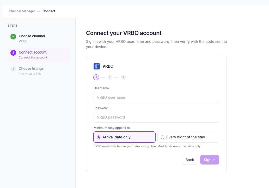 Connect your VRBO account screen with Username and Password fields, Minimum stay applies to options, and Back and Sign in buttons