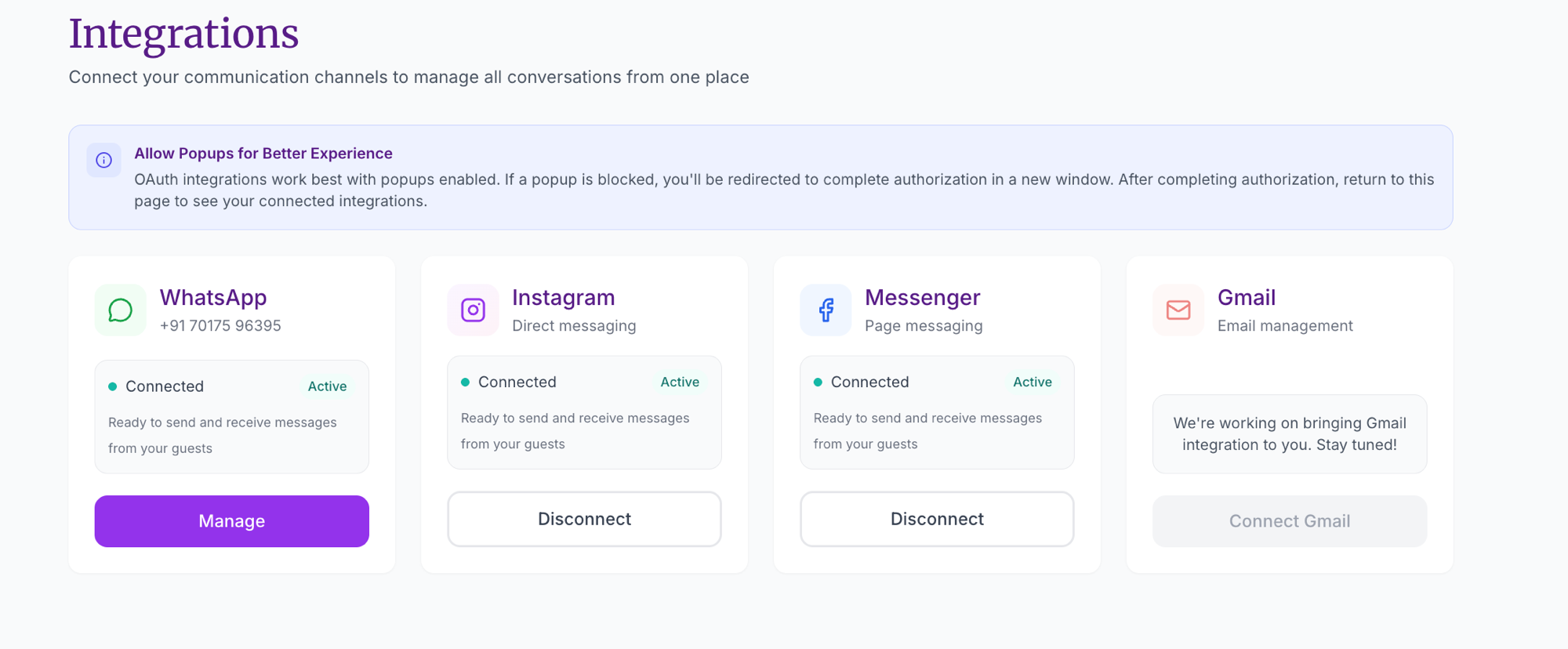 The Integrations page in Settings, showing WhatsApp, Instagram, Messenger, and Gmail cards side by side — each card has a Connect button when not yet linked, and a Manage or Disconnect button once connected