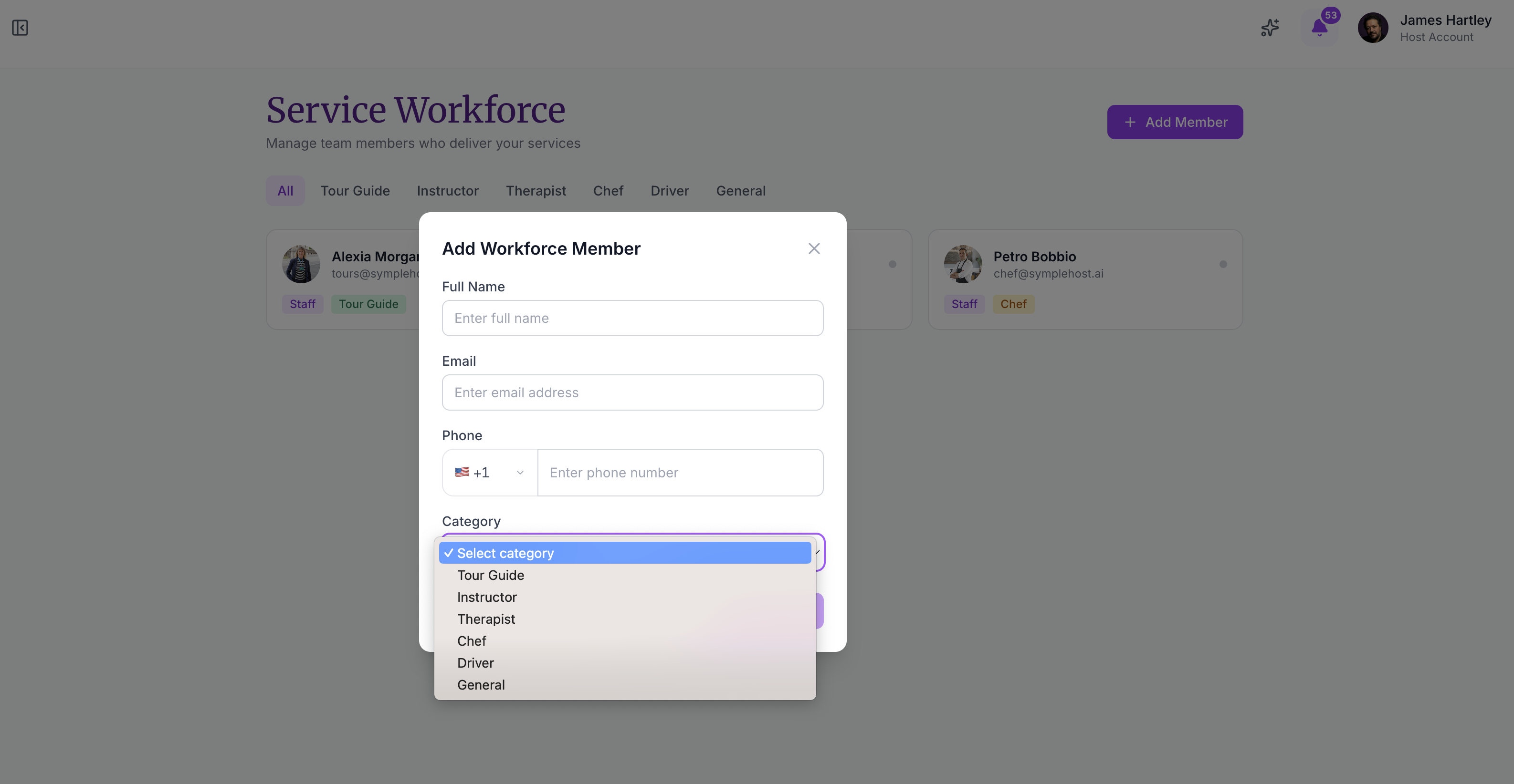 The Add Workforce Member modal showing the Full Name, Email, Phone, and Category dropdown with all category options visible
