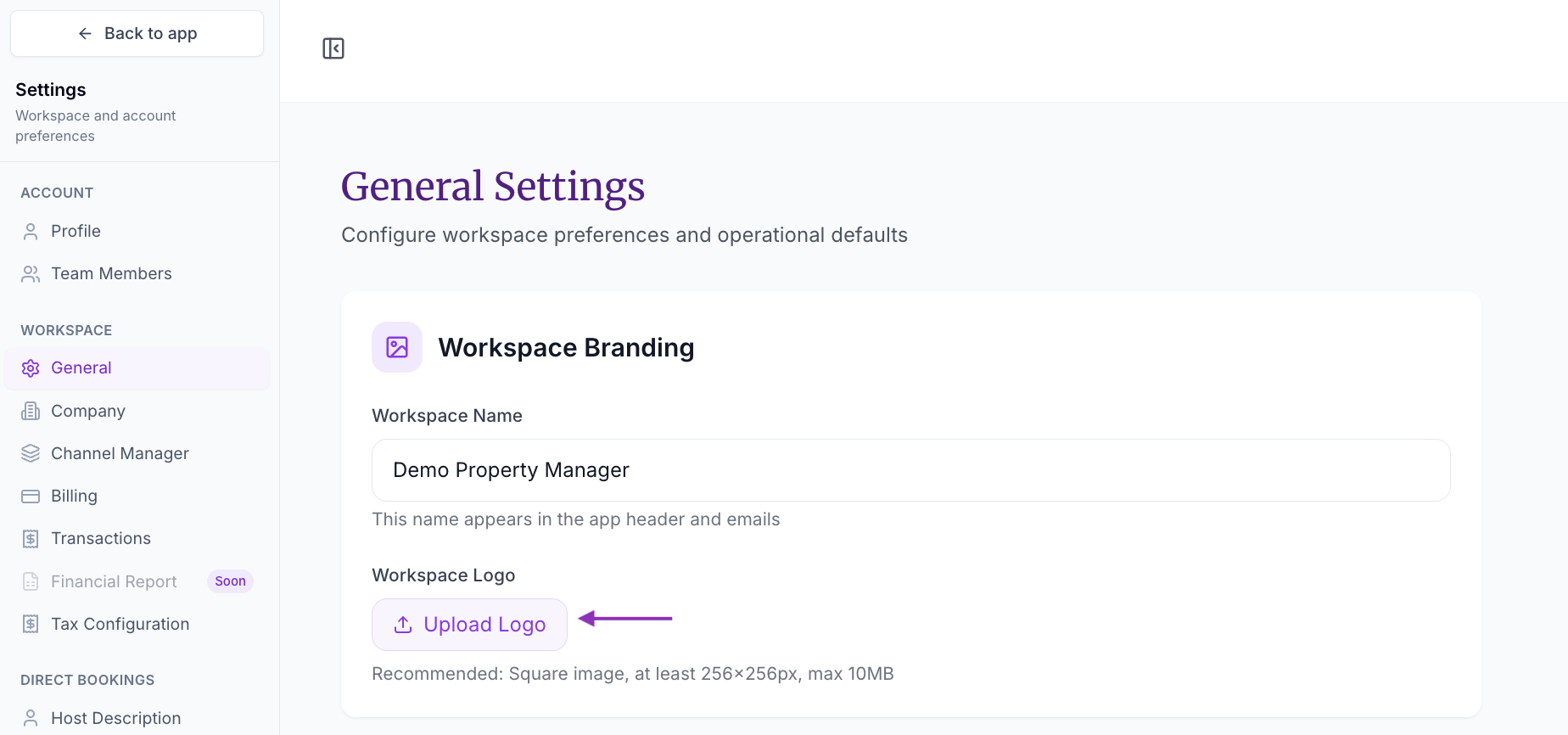 The Workspace Branding section in Settings → General, with the Workspace Name field and the Upload Logo button