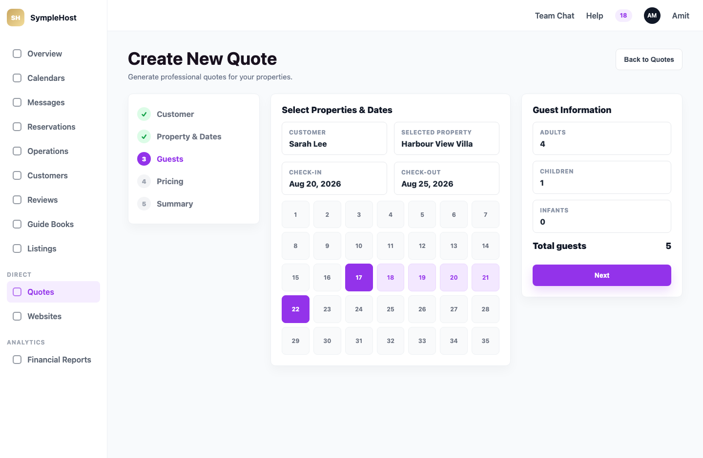 The Property Quote wizard showing customer, property, dates, availability calendar, and guest count steps