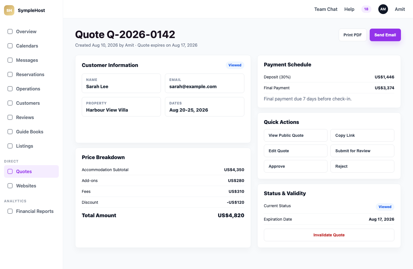 The Quote Detail page showing customer information, price breakdown, payment schedule, quick actions, status, and validity