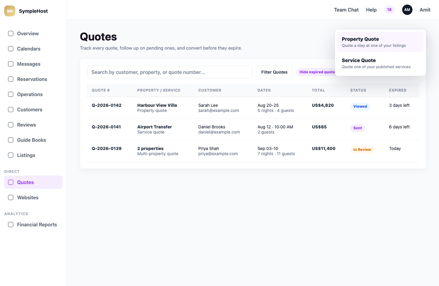 The Quotes dashboard showing the Create Quote menu, search, filters, quote types, statuses, totals, and expiration dates