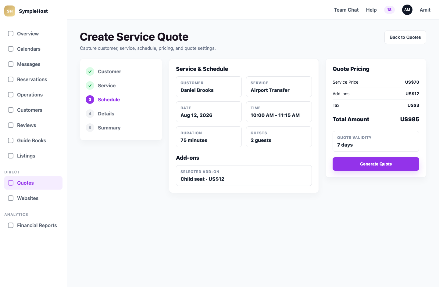 The Service Quote wizard showing customer, service, schedule, guest count, add-ons, pricing, and quote validity