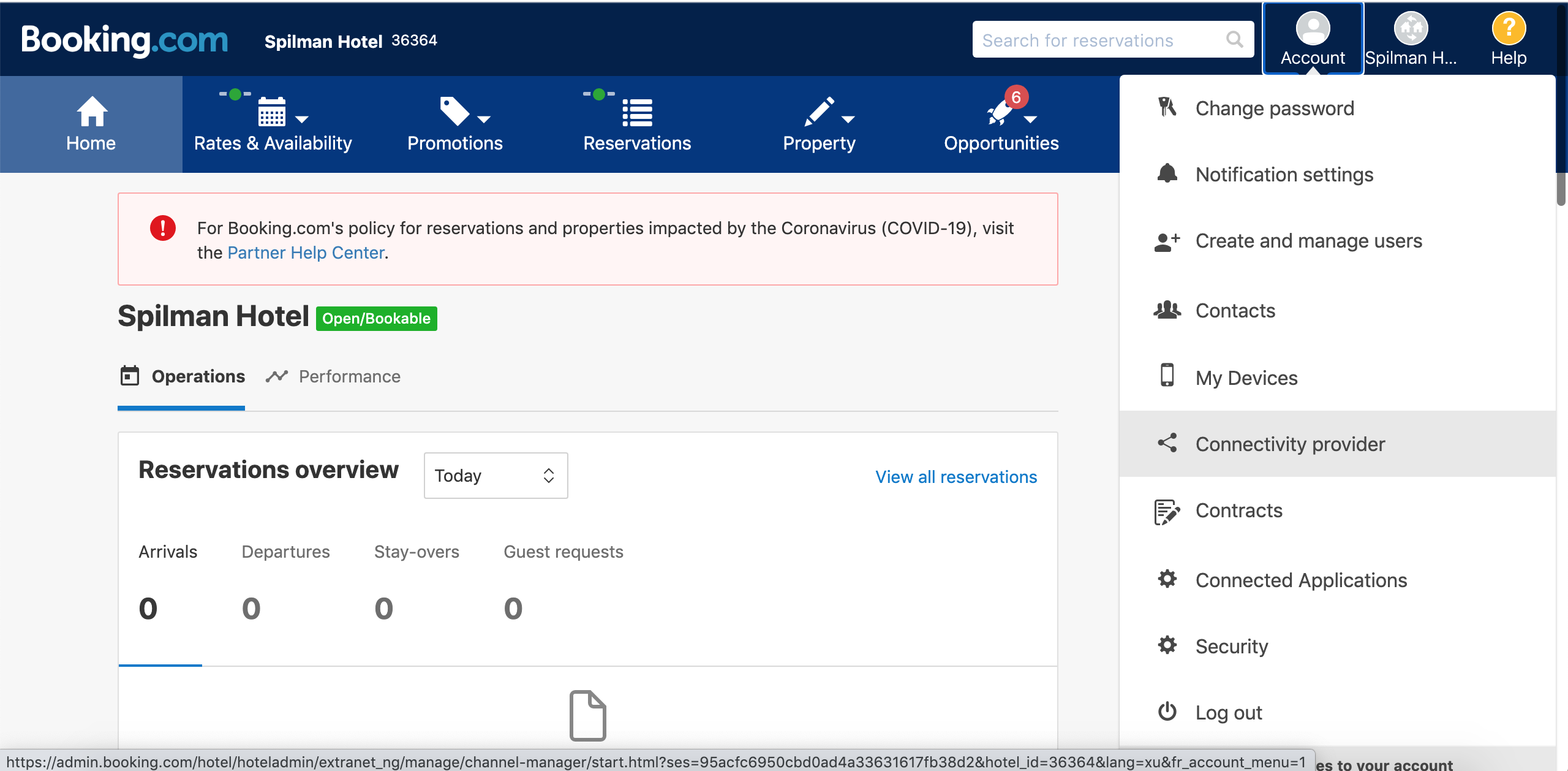 Booking.com Extranet account menu with Connectivity provider highlighted
