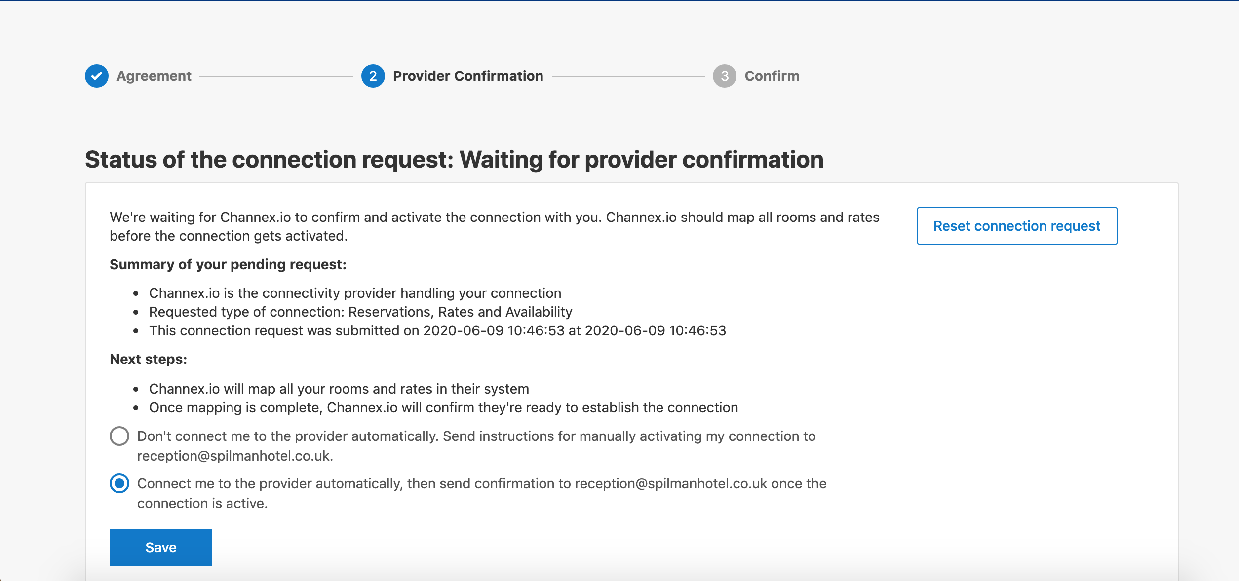 Booking.com Extranet connection request waiting for Channex.io provider confirmation