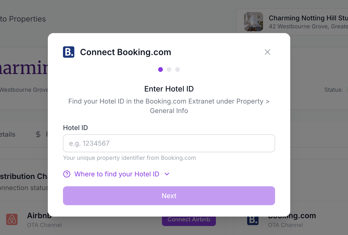 SympleHost Booking.com connection modal where you enter the Hotel ID