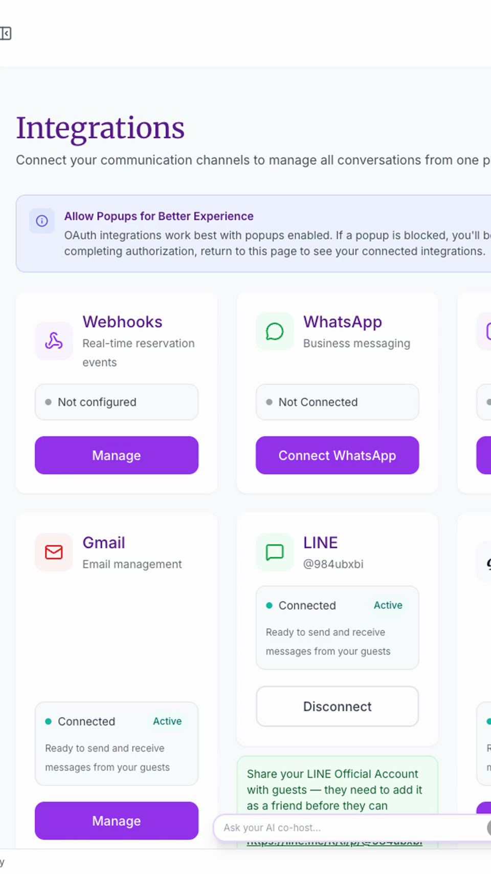 Messages inbox with the latest tab bar, filters, conversation list, channel badges, and guest context panel