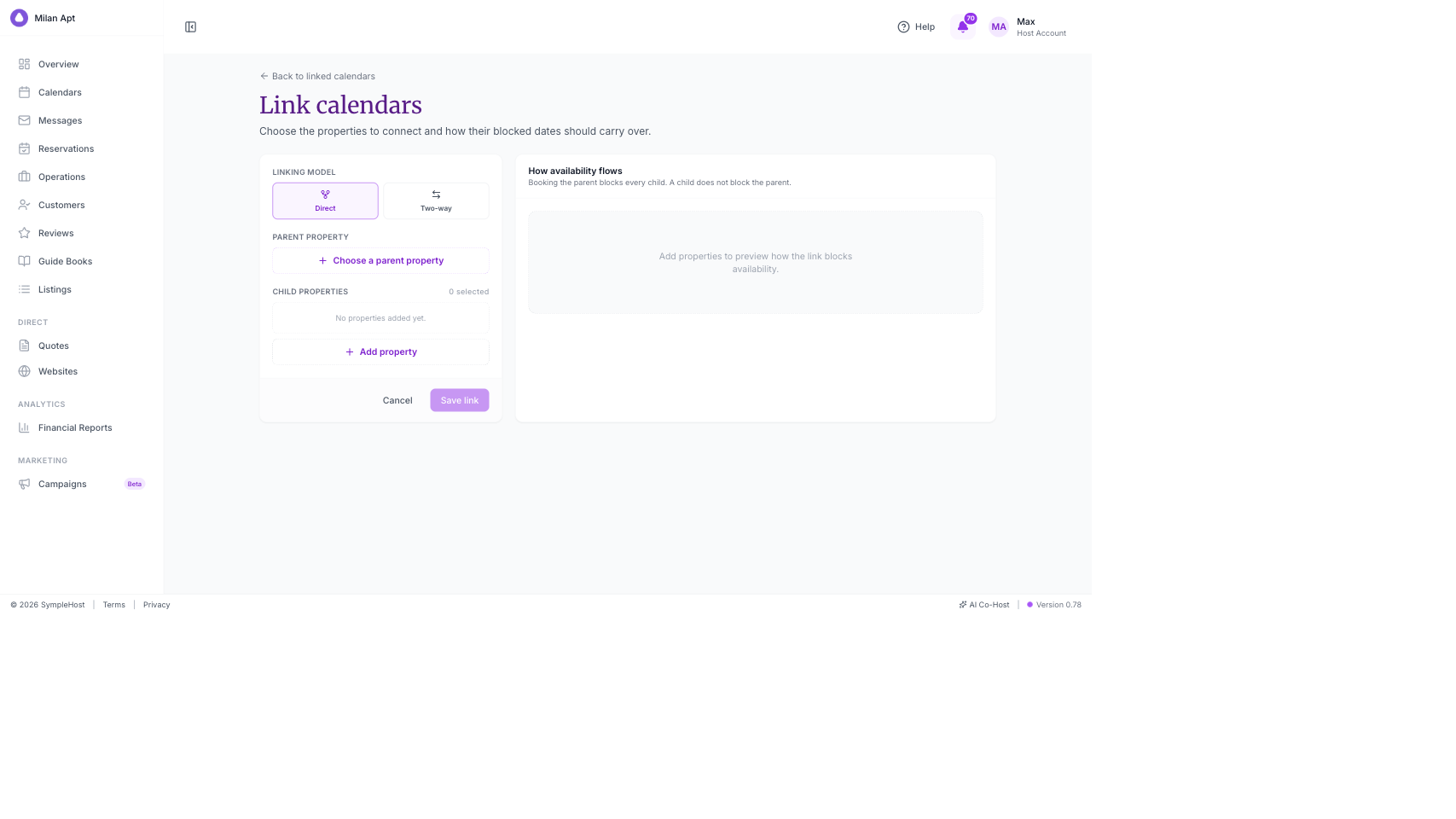 Link calendars setup showing Direct and Two-way models, parent and child property selection, and the availability-flow preview