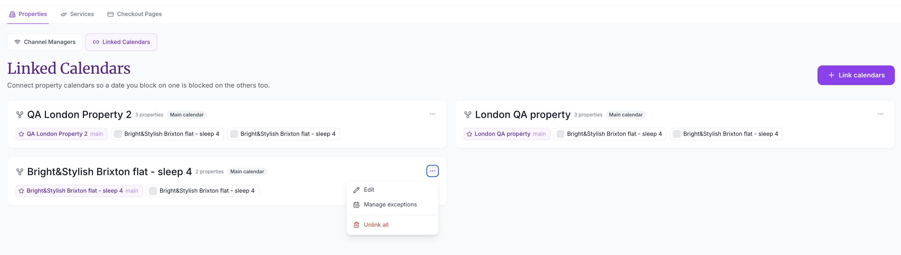Linked Calendars group menu showing Edit, Manage exceptions, and Unlink all