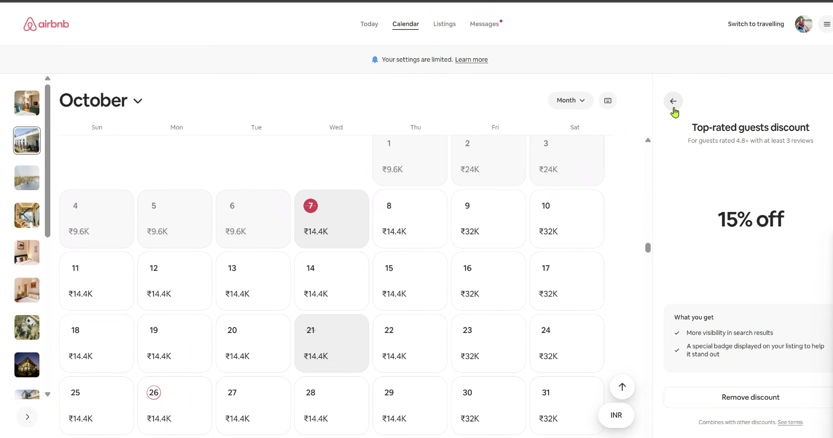 Airbnb host Calendar for October with the Top-rated guests discount panel open, showing 15% off, What you get, the Remove discount button, and the note Combines with other discounts