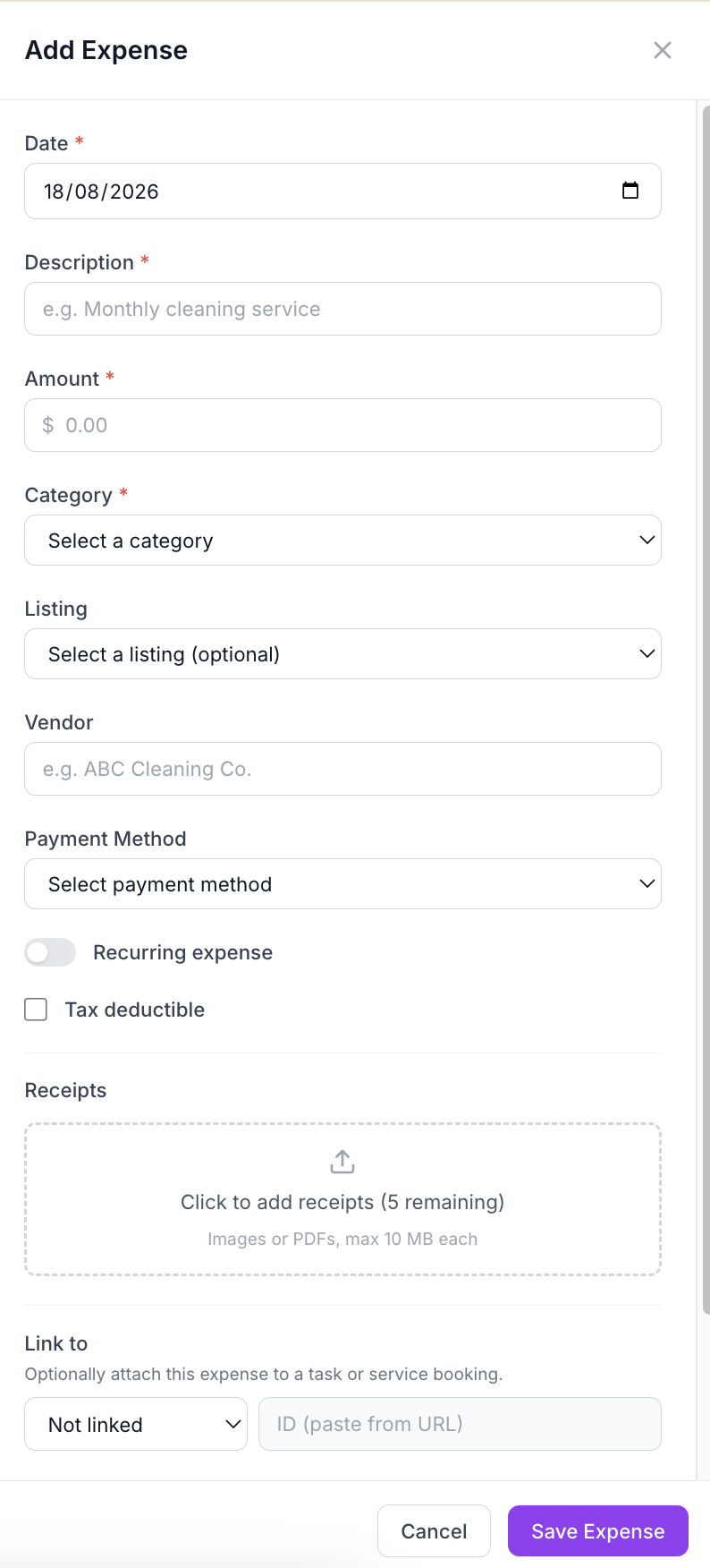 Add Expense panel showing date, description, amount, category, listing, task link, receipt upload, and status fields