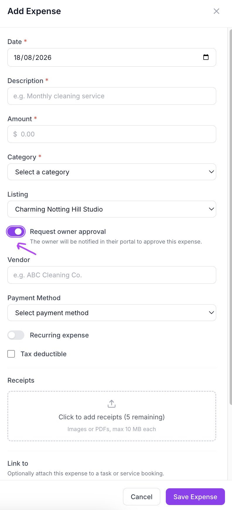Add Expense panel showing the Request owner approval toggle for a managed property expense