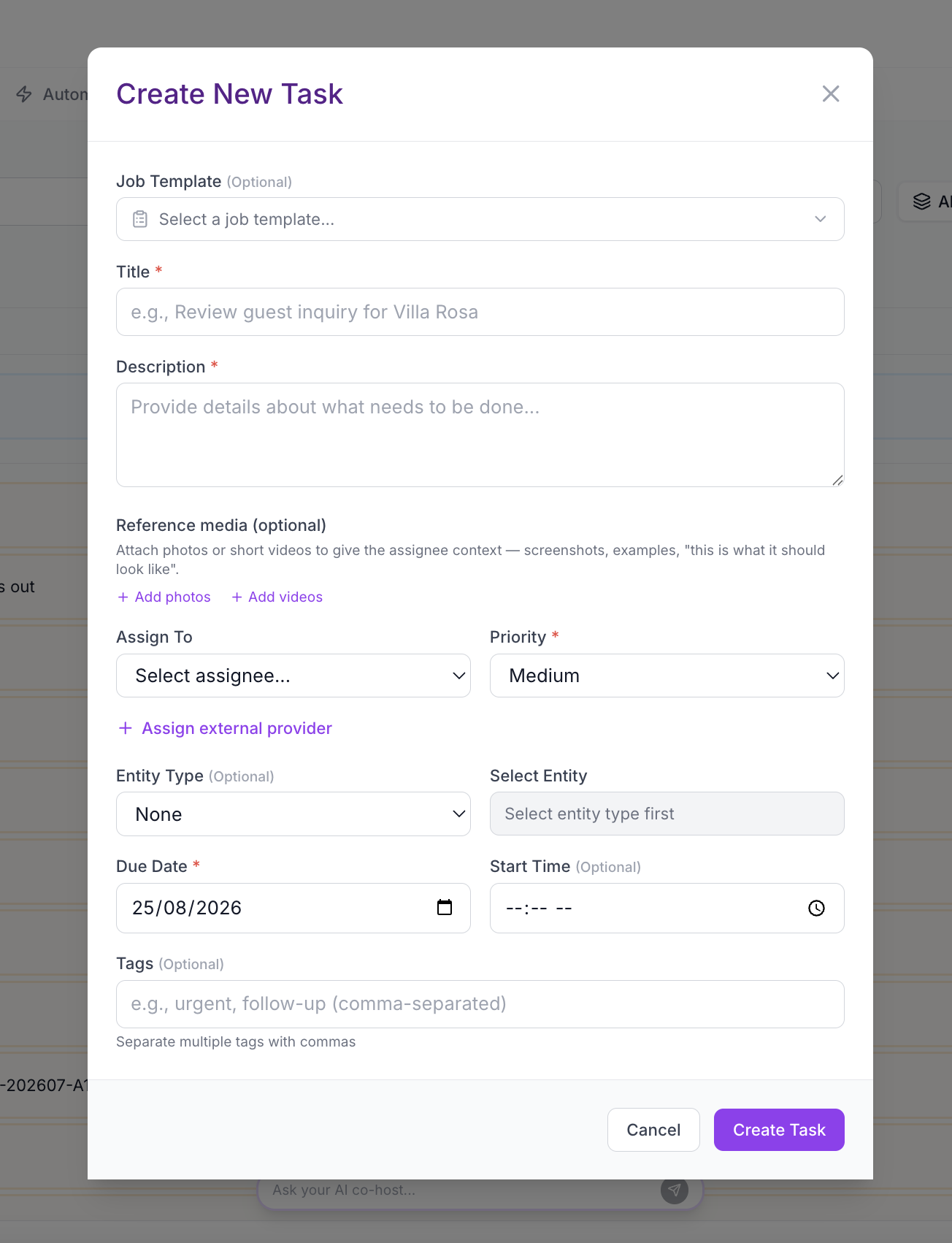 Create New Task modal showing job template, title, description, assignee, priority, related entity, due date, start time, and tags