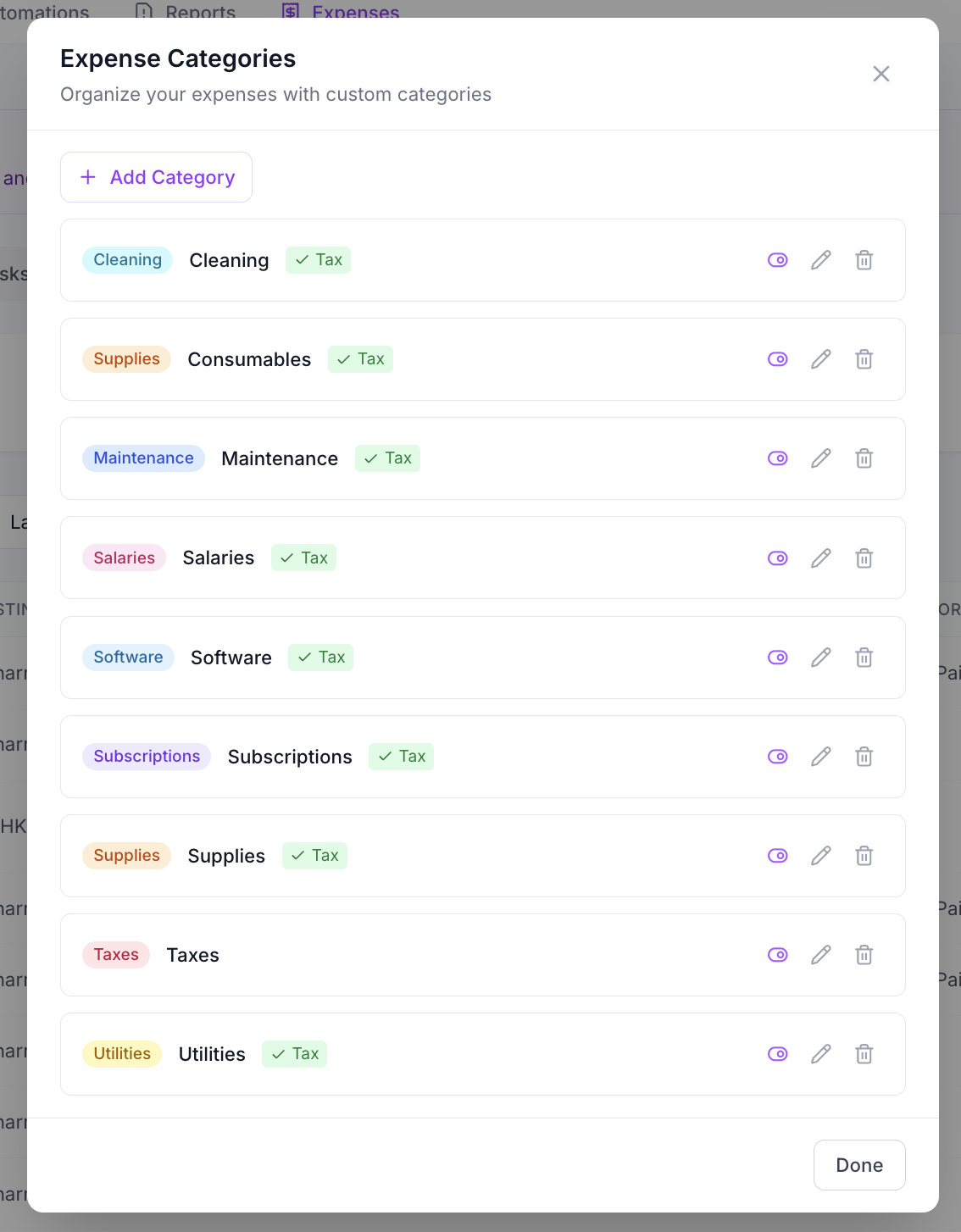 Expense Categories modal showing default and custom expense categories