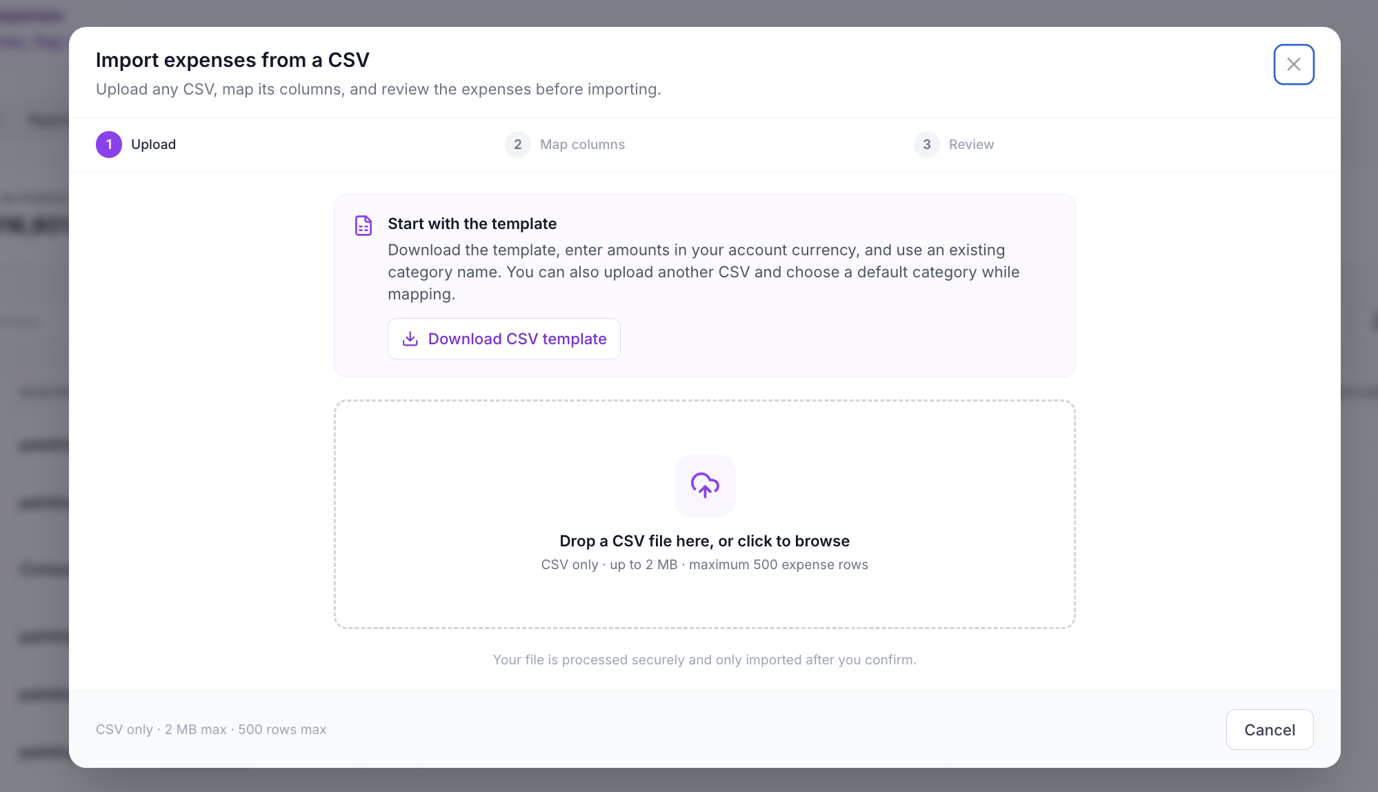 Import Expenses from CSV modal showing upload, map columns, and review steps