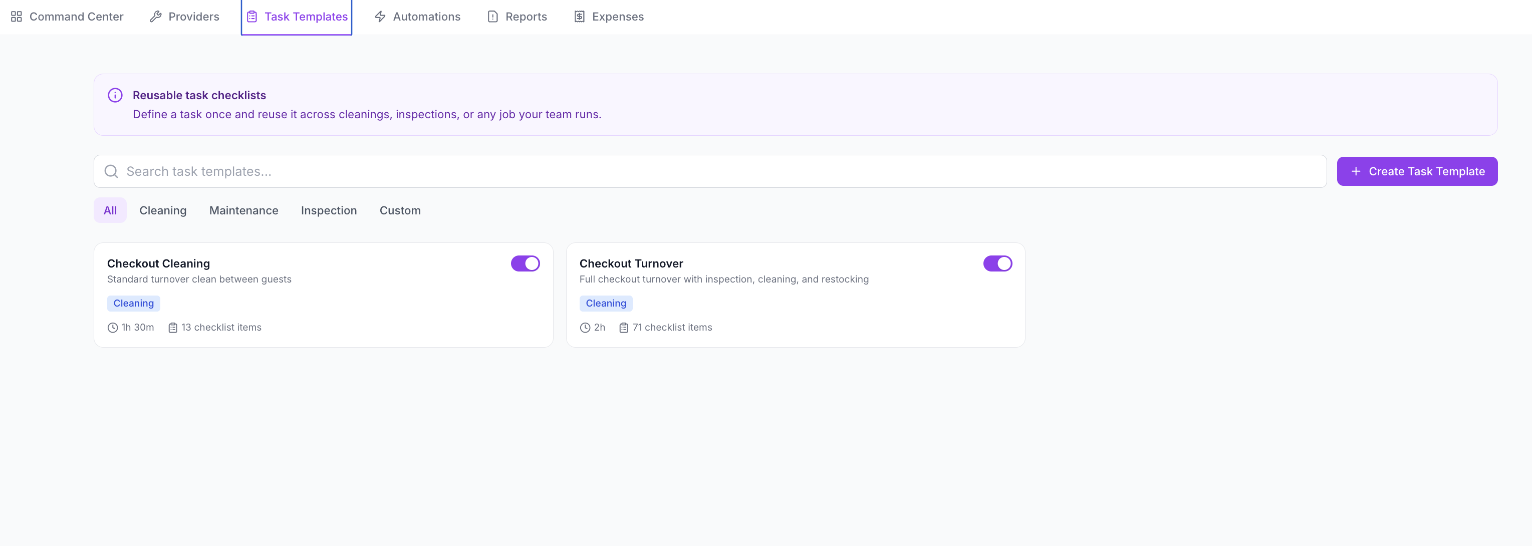 Task Templates screen showing reusable checkout cleaning templates and template filters