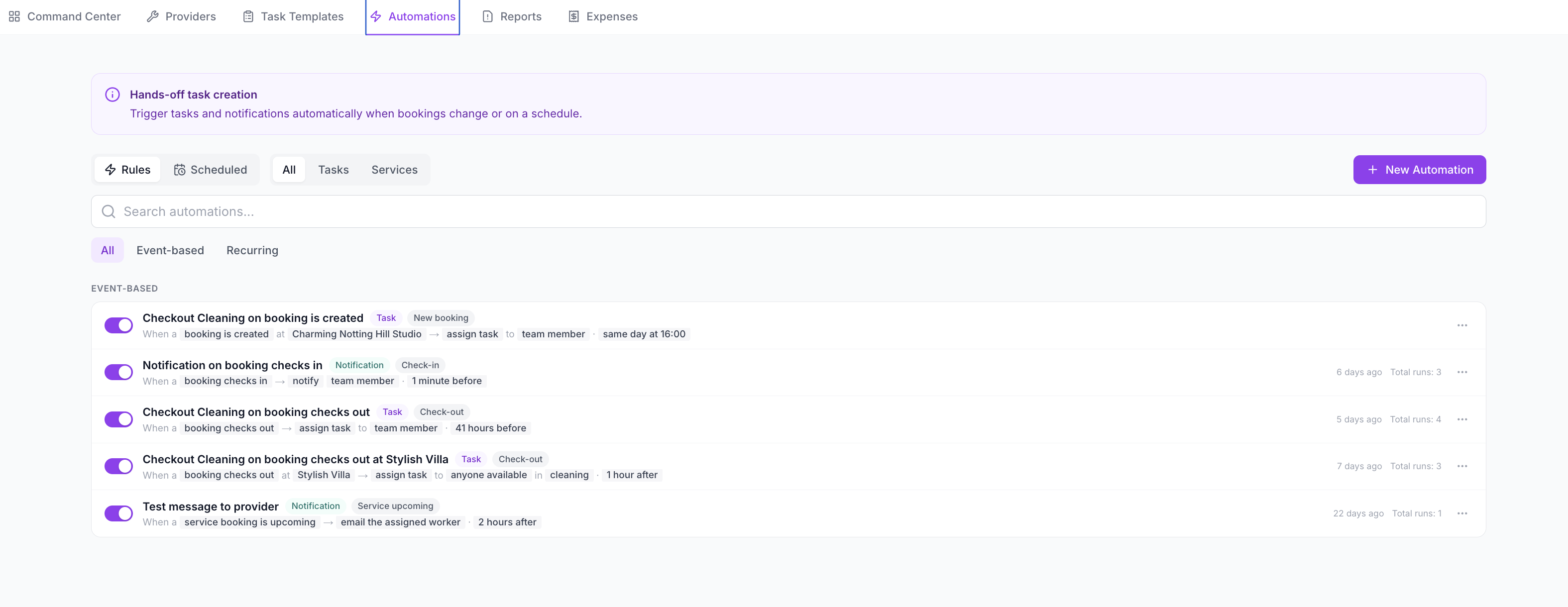Operations Automations screen showing trigger-based task automation rules