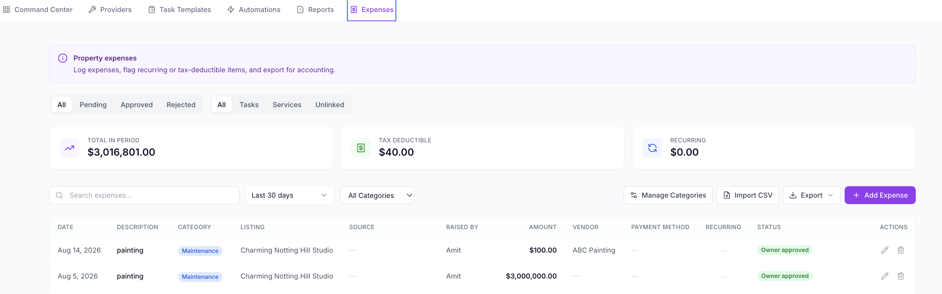 Operations Expenses screen showing expense rows, source, approval status, and owner approval workflow