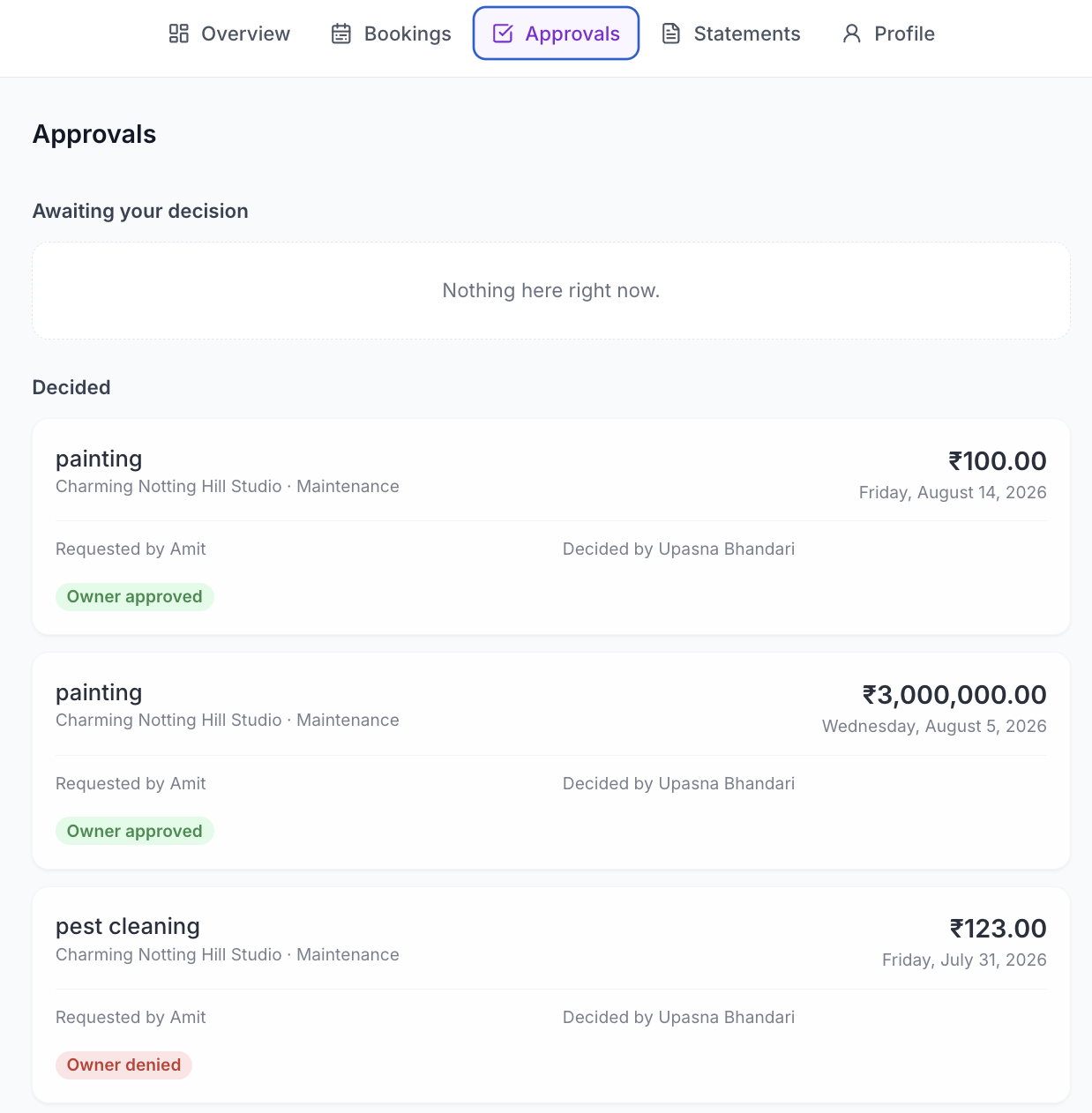 Owner Portal approvals tab showing decided owner expense approvals