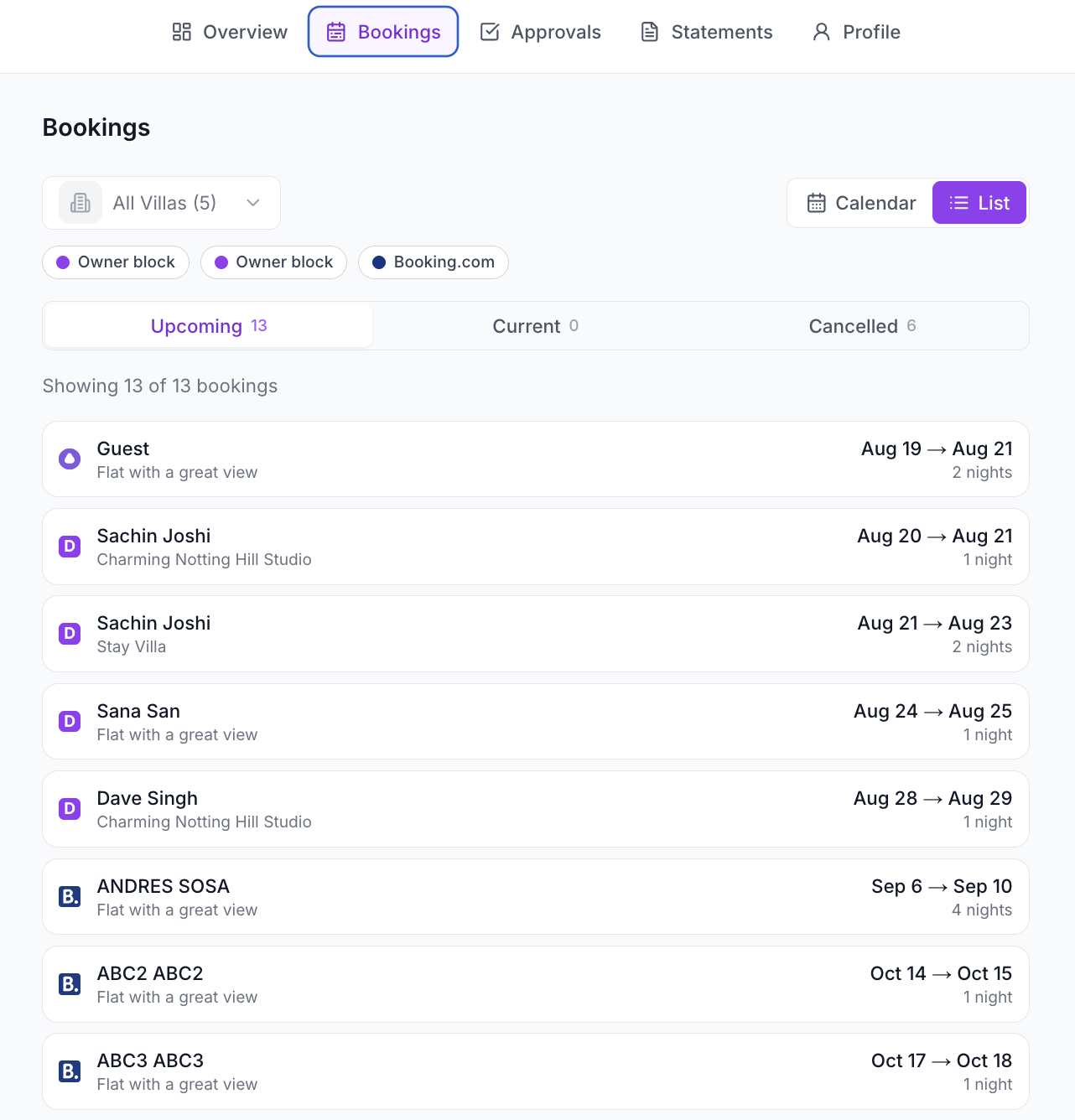Owner Portal bookings tab showing upcoming reservations in list view