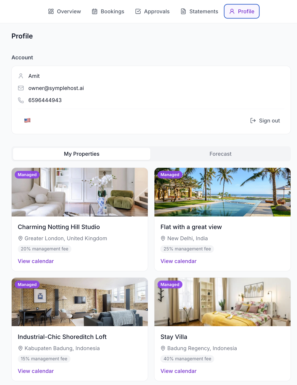 Owner Portal profile tab showing owner account details and shared properties