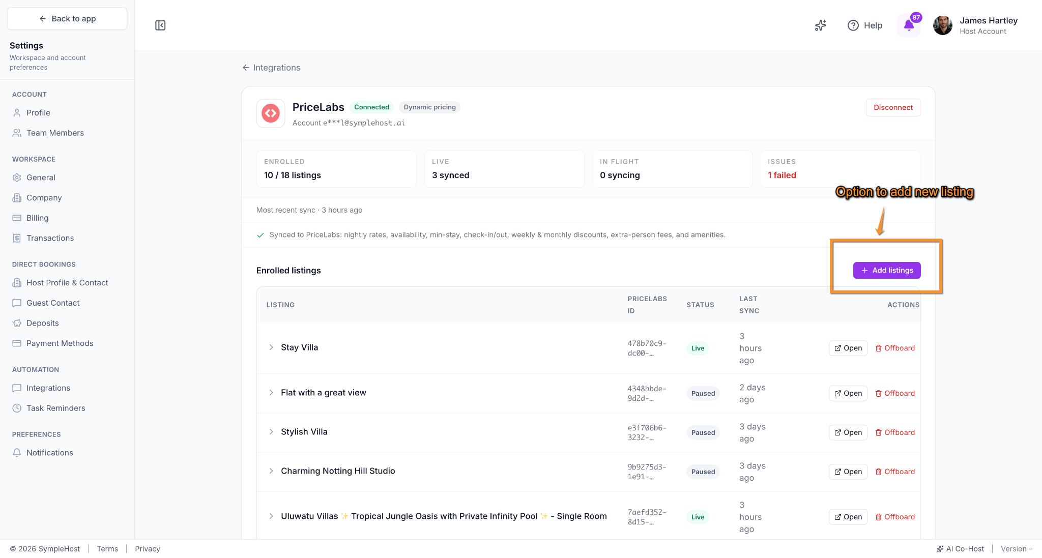 PriceLabs manage page in SympleHost with the Add listings button