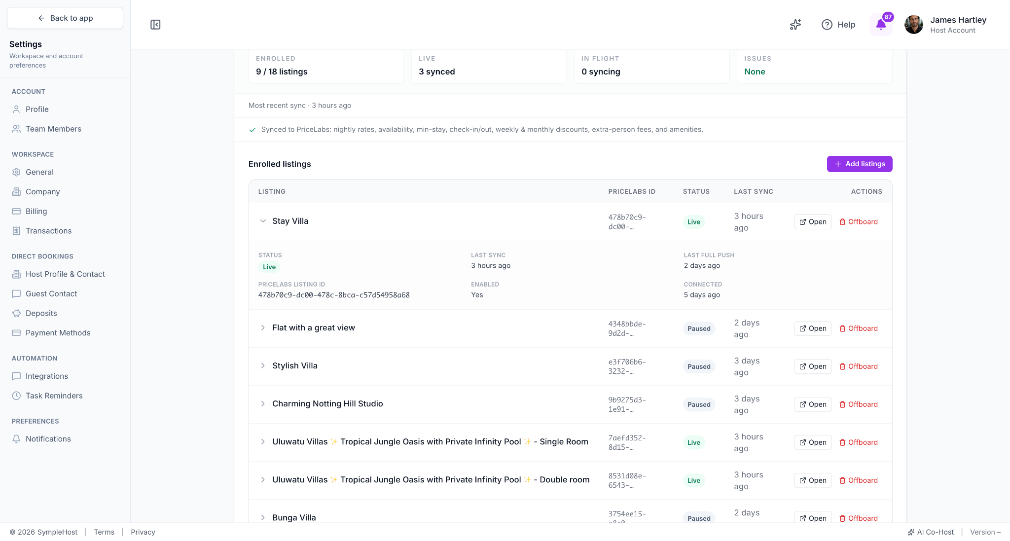 PriceLabs manage page showing enrolled listings and sync status