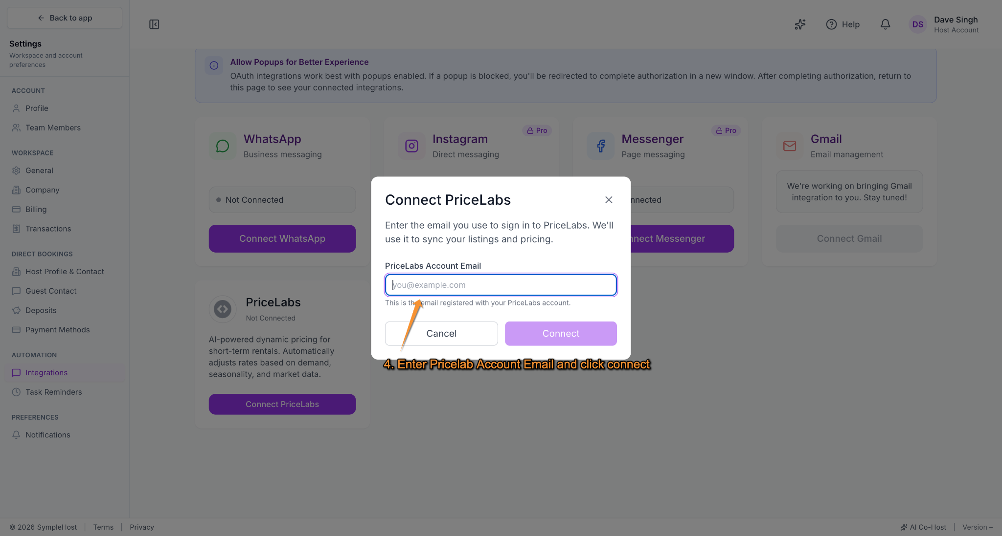 Connect PriceLabs dialog asking for the PriceLabs Account Email